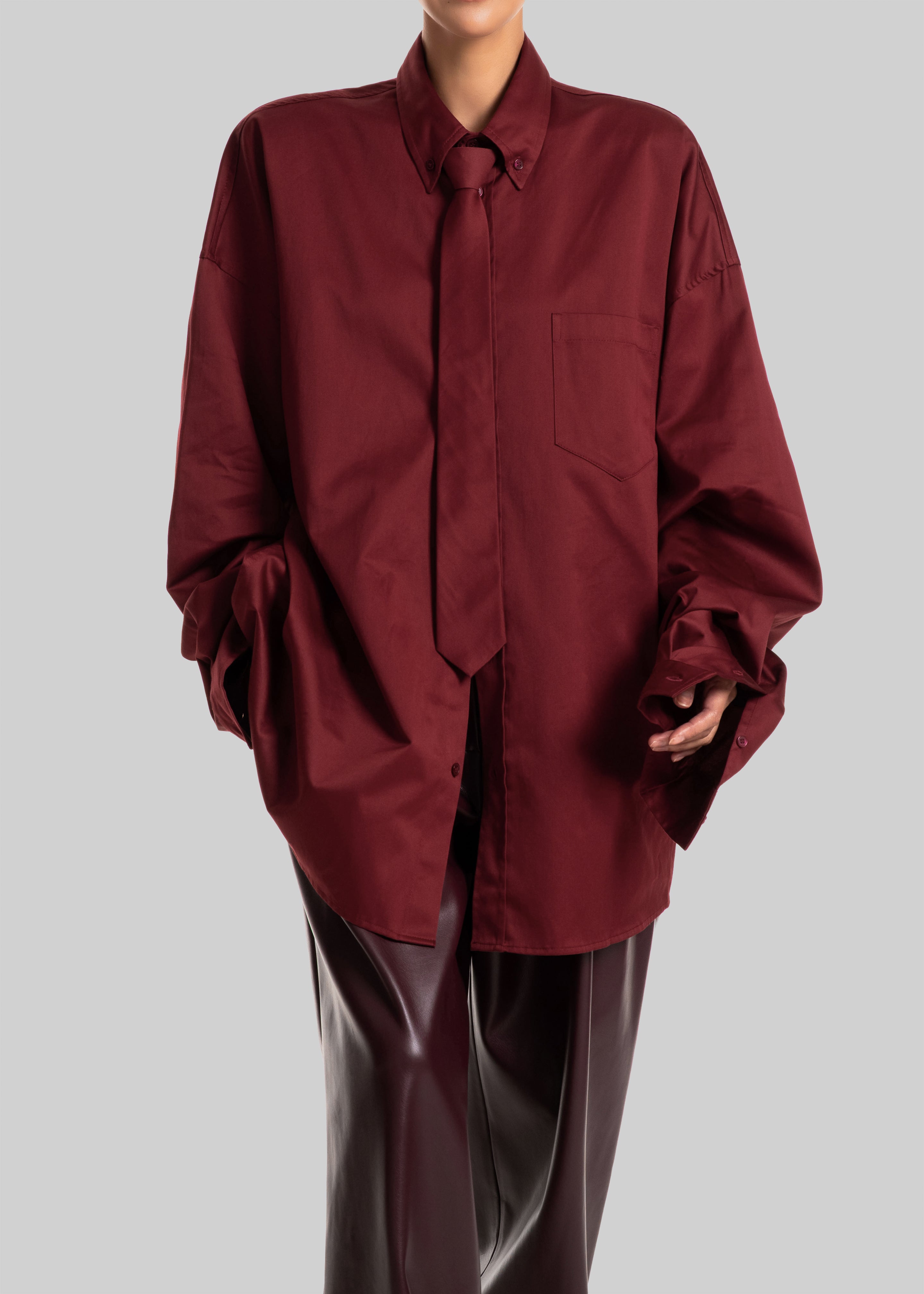 Havelock Oversized Neck-Tie Shirt - Dark Red - 1