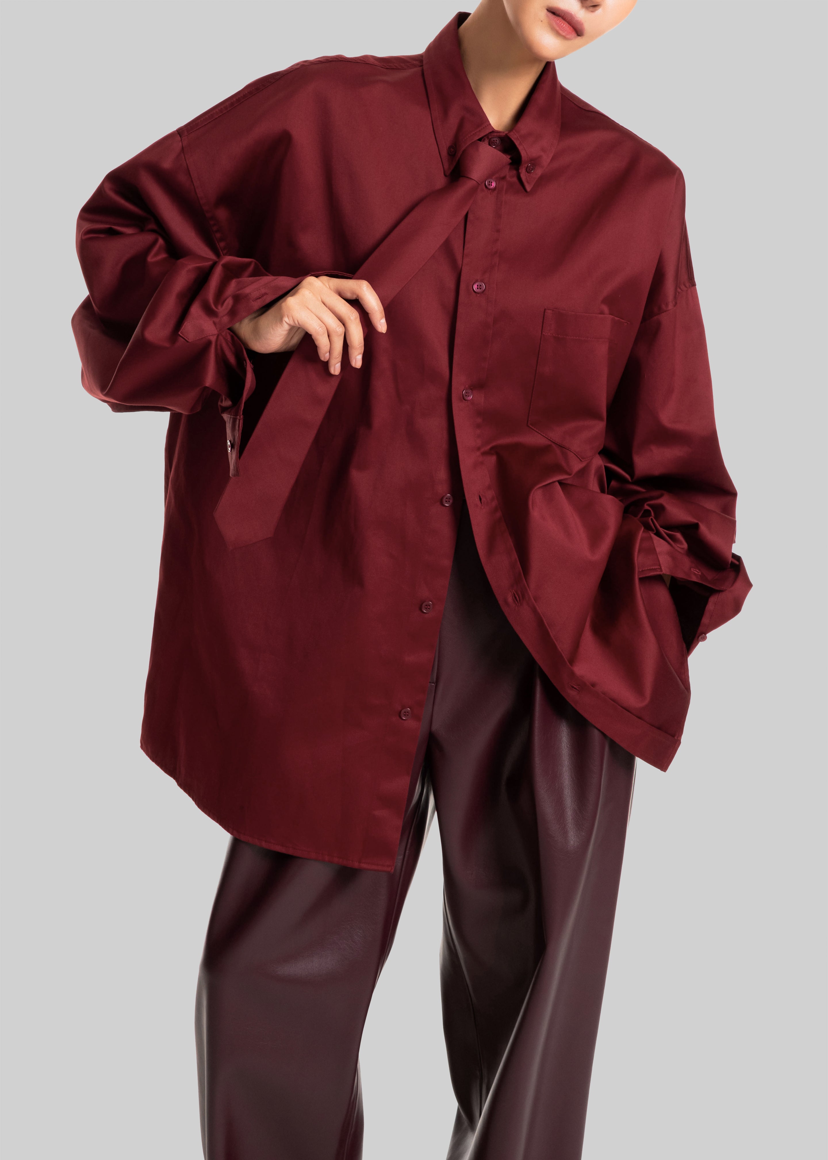 Havelock Oversized Neck-Tie Shirt - Dark Red - 4