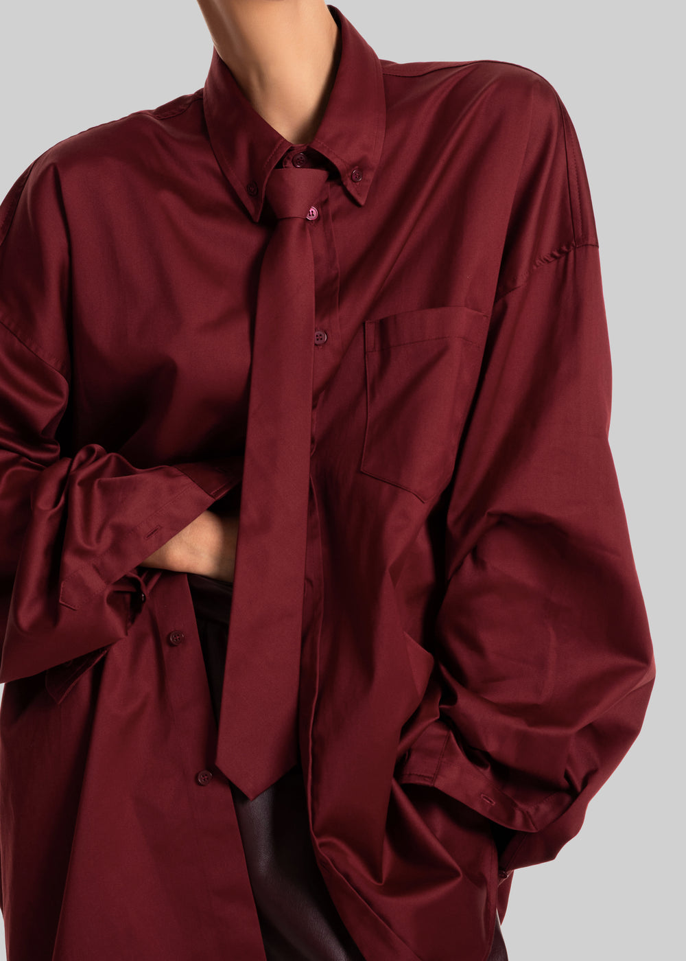 Havelock Oversized Neck-Tie Shirt - Dark Red - 1