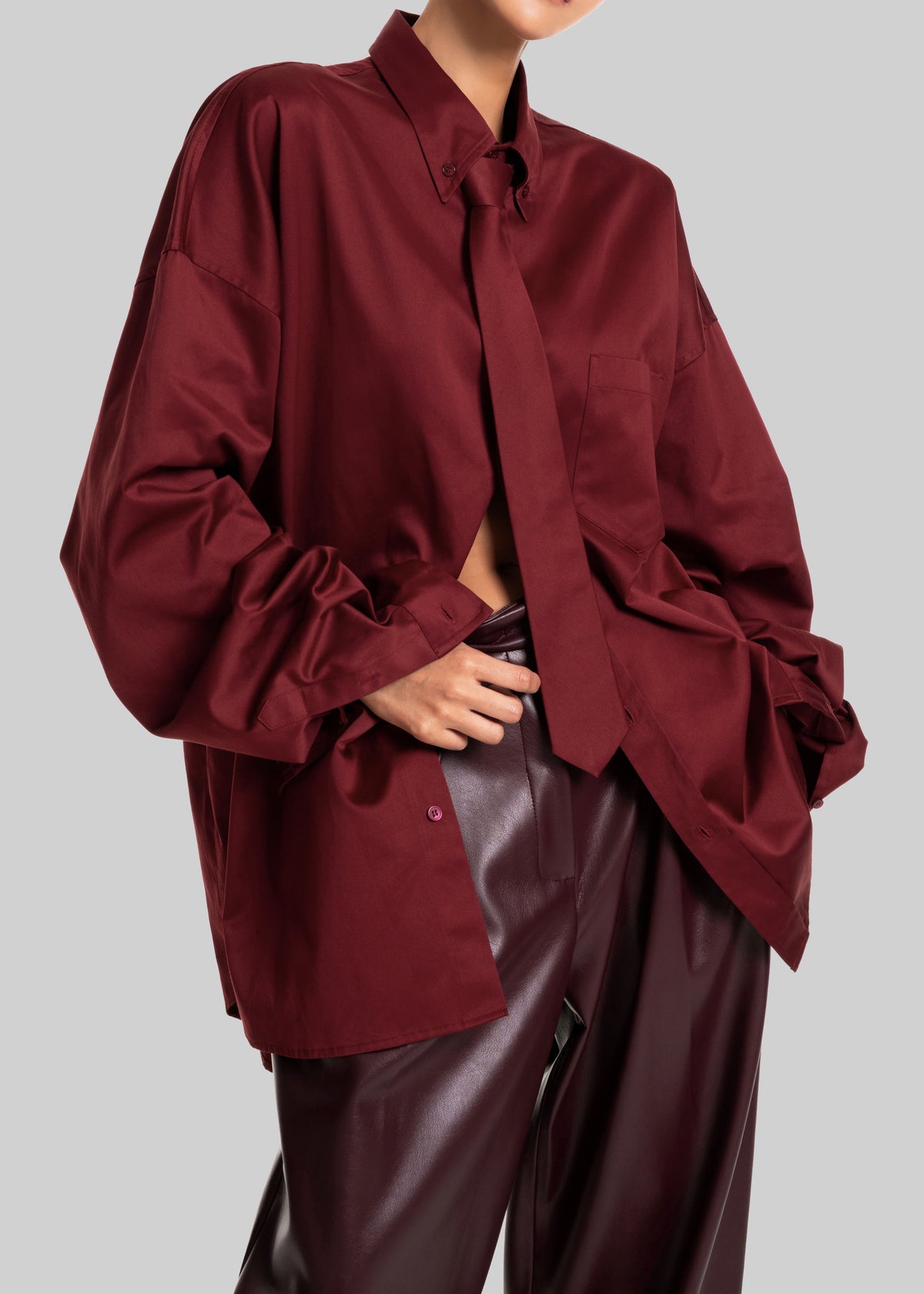 Havelock Oversized Neck-Tie Shirt - Dark Red - 5