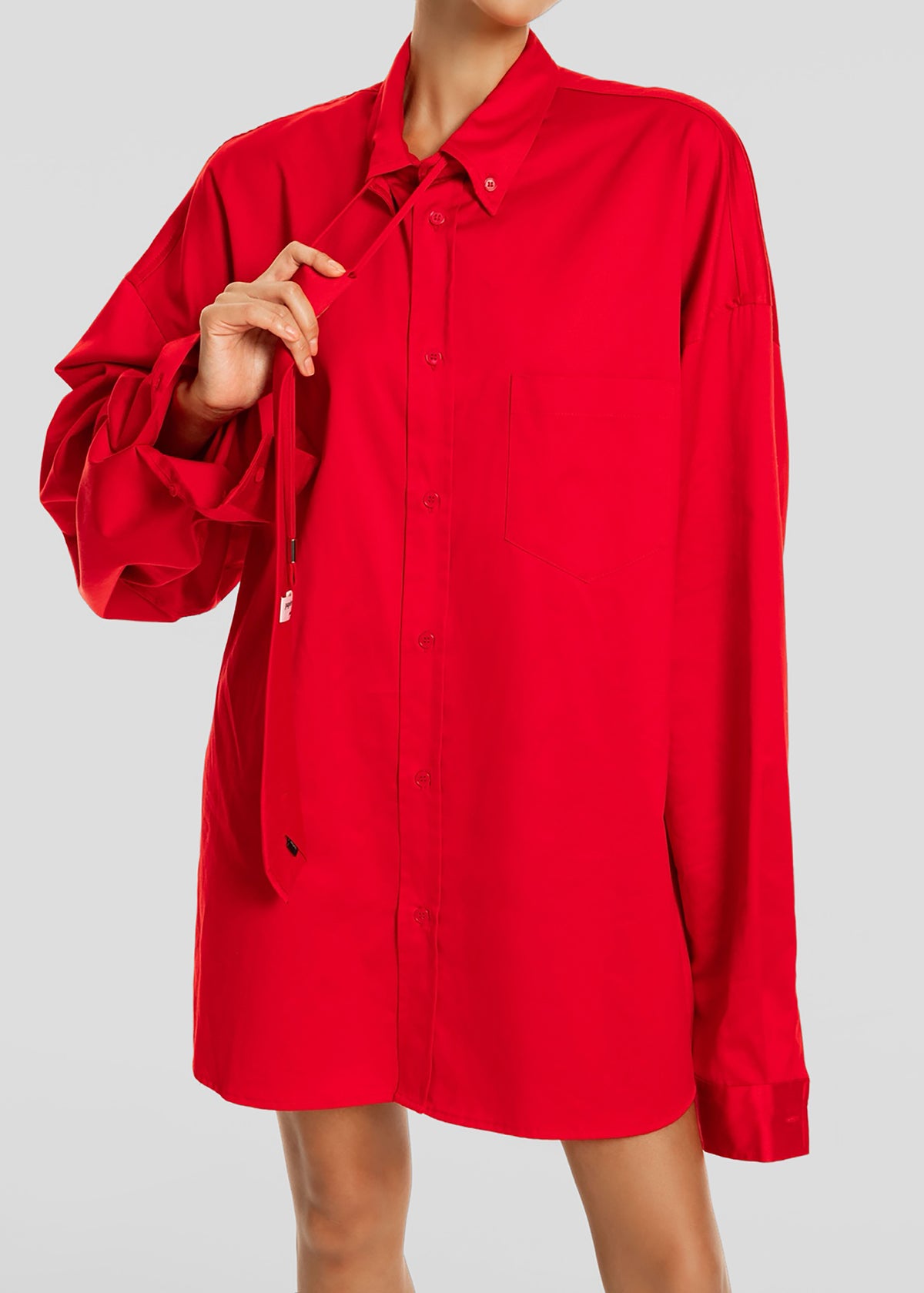 Havelock Oversized Neck-Tie Shirt - Red - 8