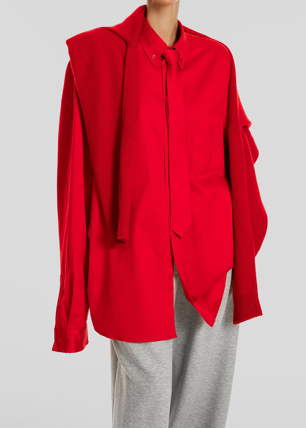 Havelock Oversized Neck-Tie Shirt - Red - 1