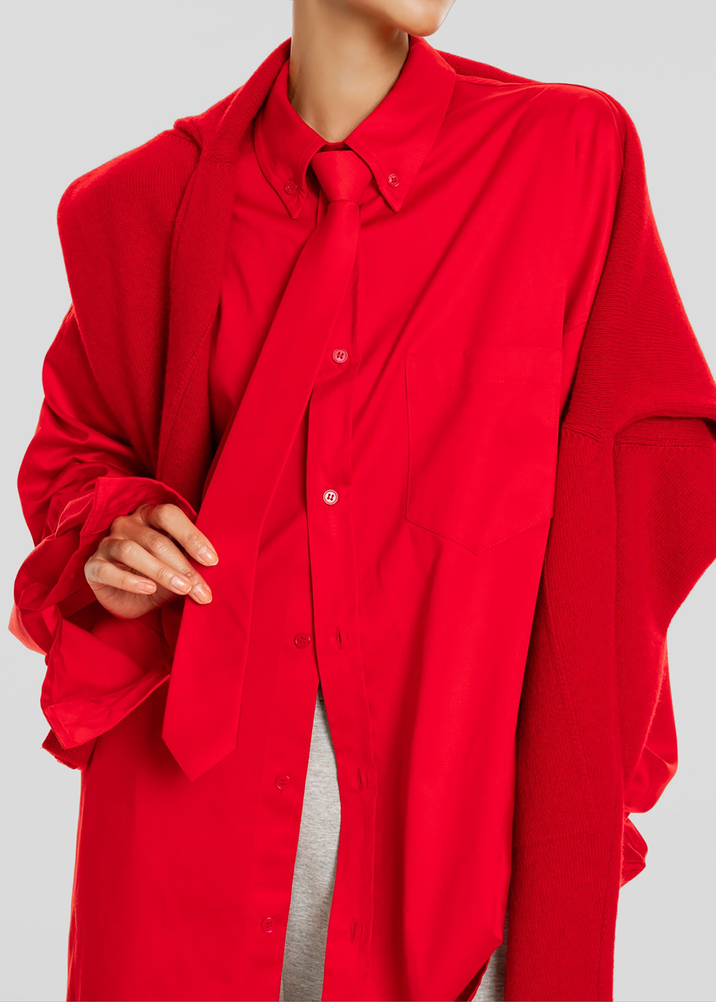 Havelock Oversized Neck-Tie Shirt - Red - 4