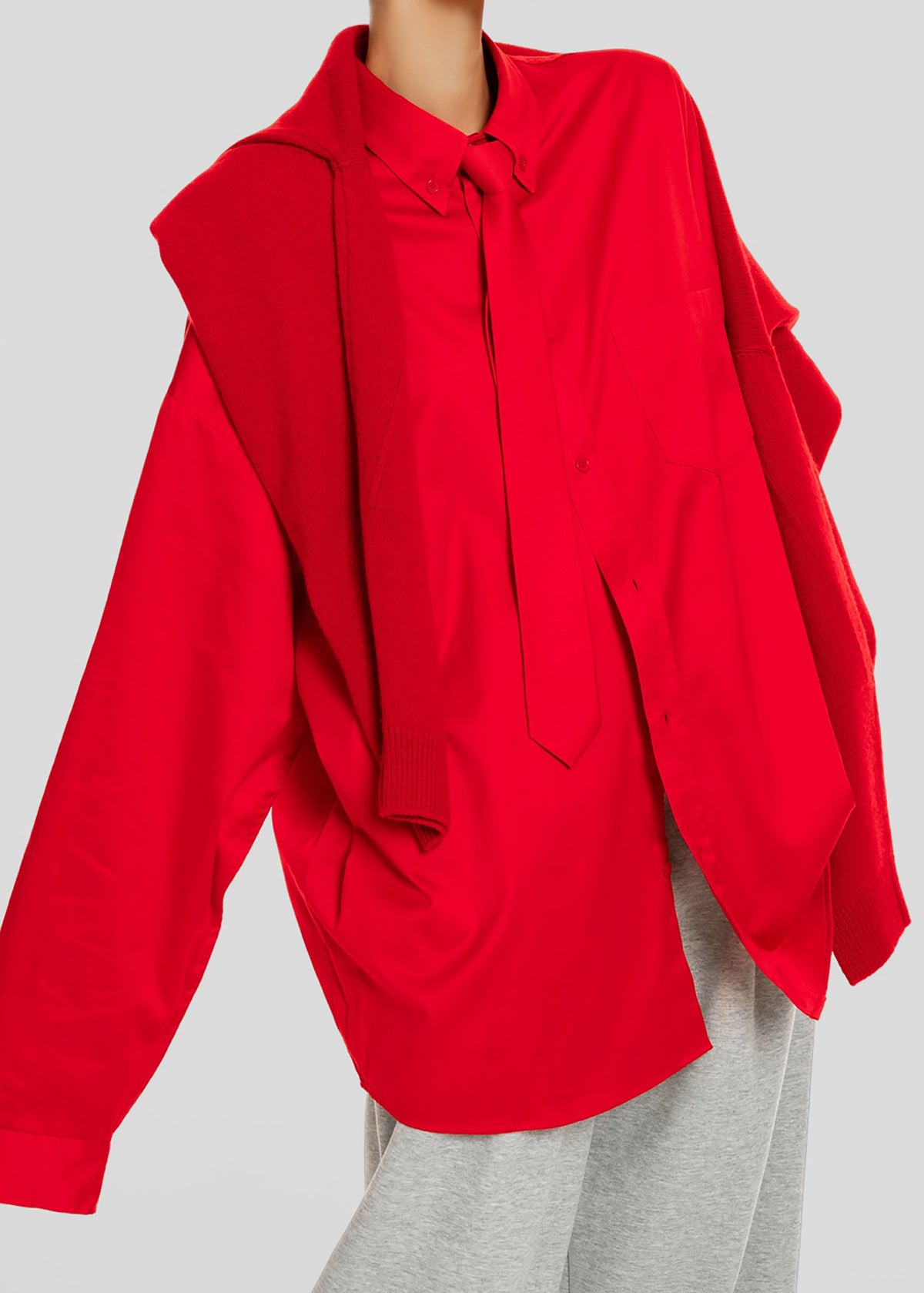 Havelock Oversized Neck-Tie Shirt - Red - 10