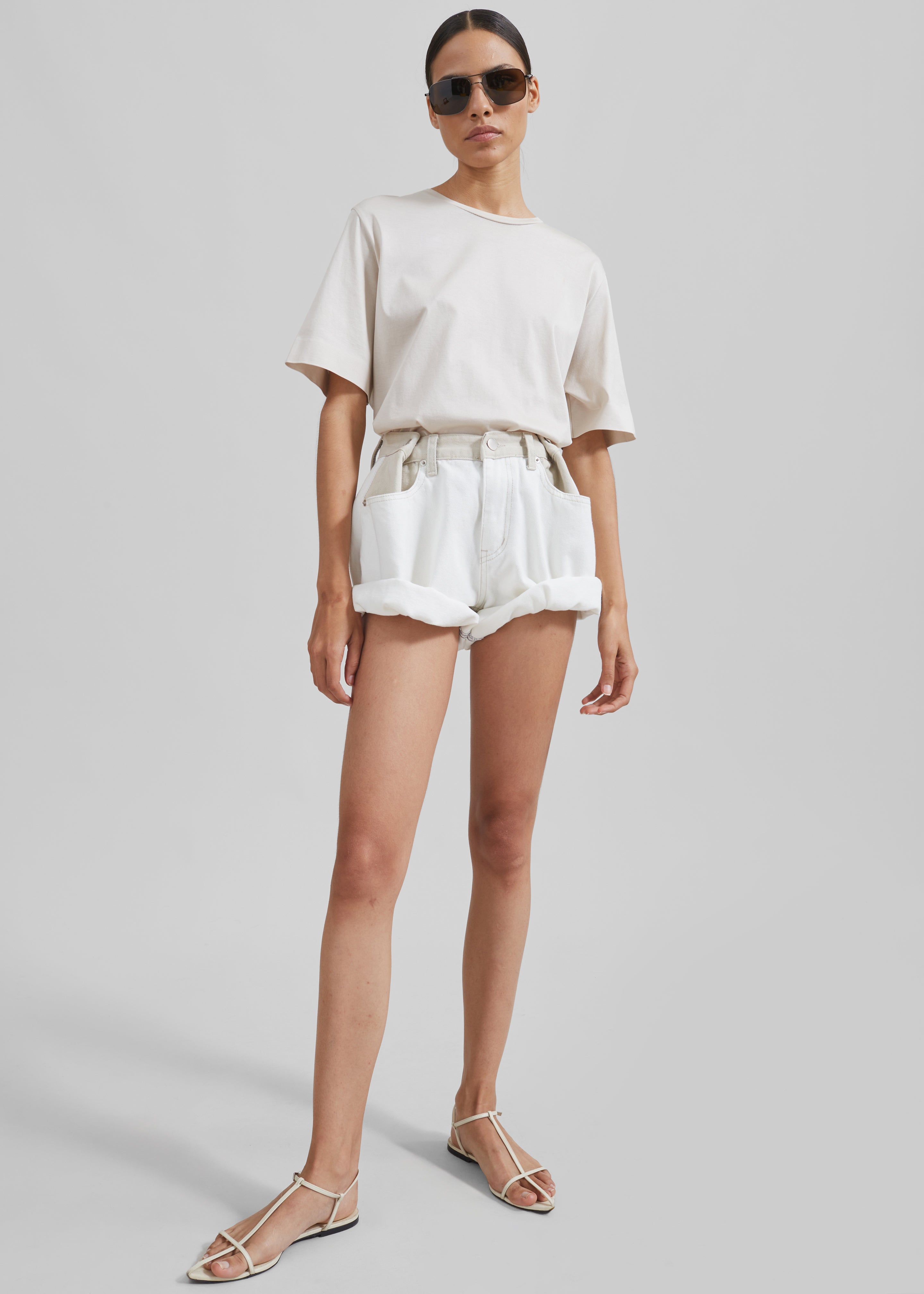 Hayla Contrast Denim Shorts - Off White/Beige