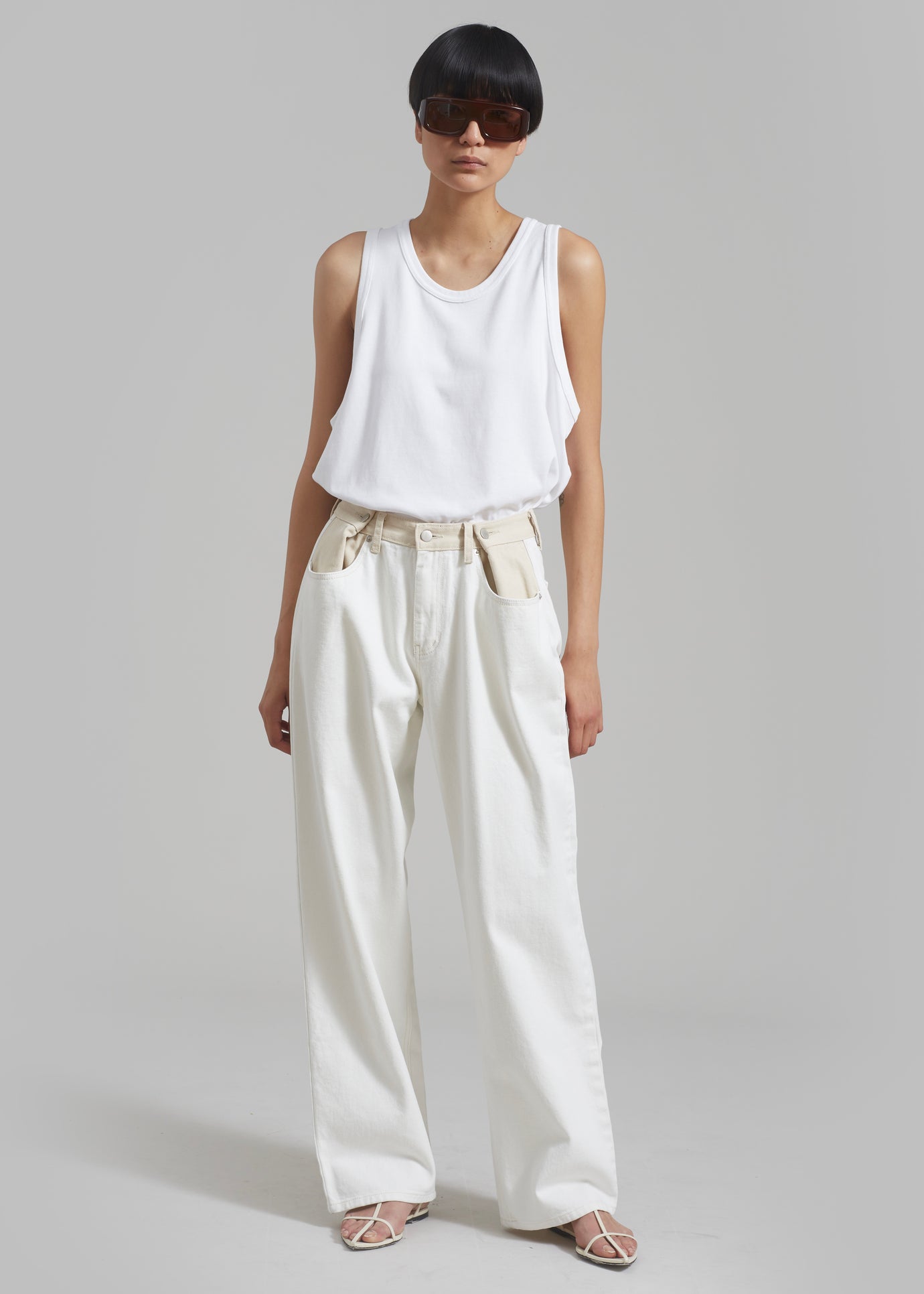 Hayla Contrast Denim Pants - Off White/Beige