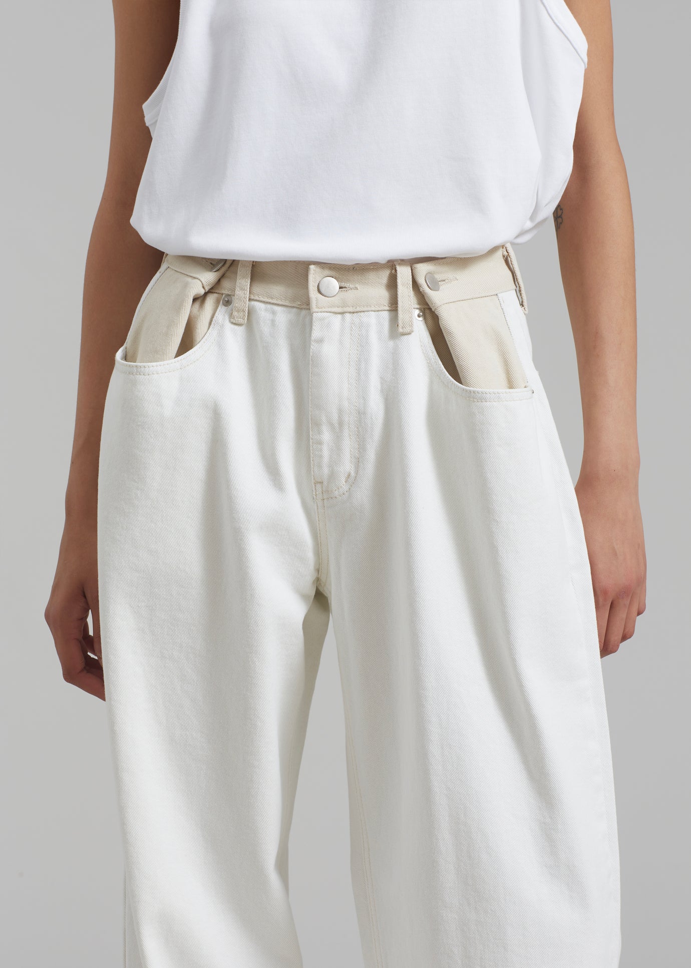 Hayla Contrast Denim Pants - Off White/Beige - 1