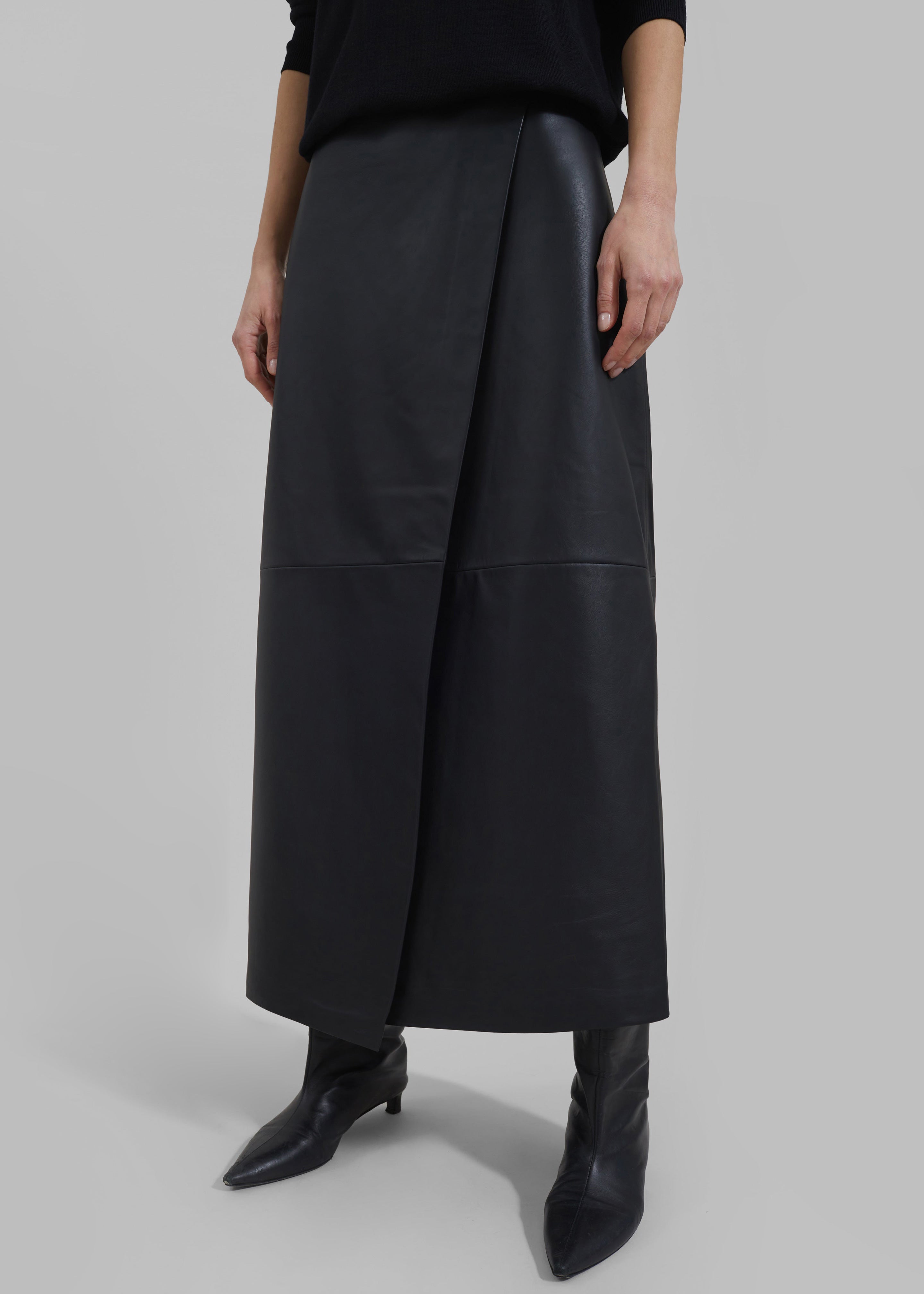 Hedi Leather Midi Wrap Skirt - Black - 3