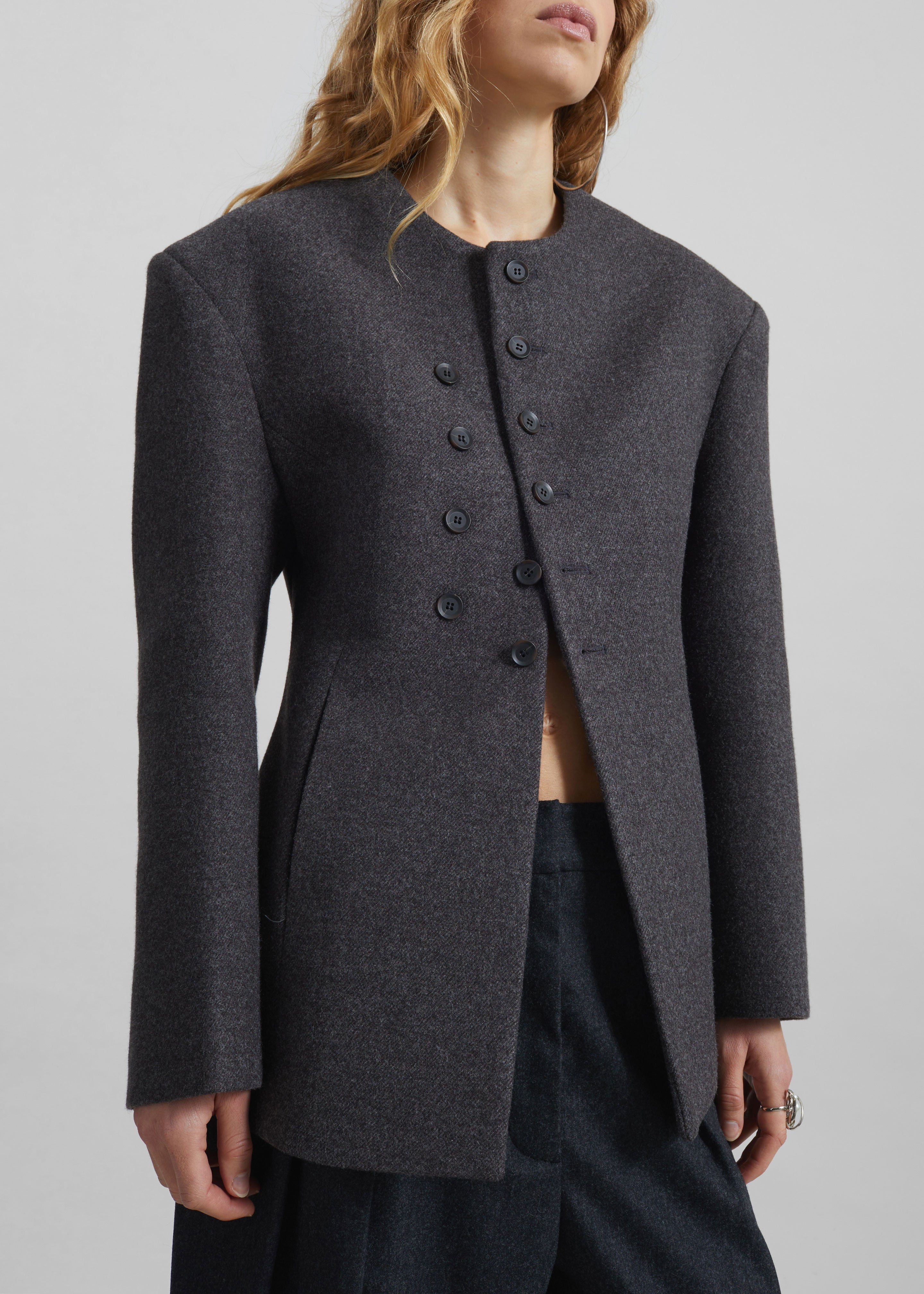 Helga Collarless Tailored Blazer - Dark Grey - 4