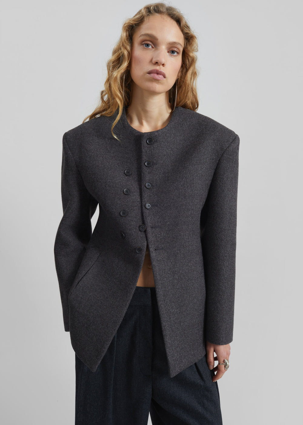 Helga Collarless Tailored Blazer - Dark Grey - 1