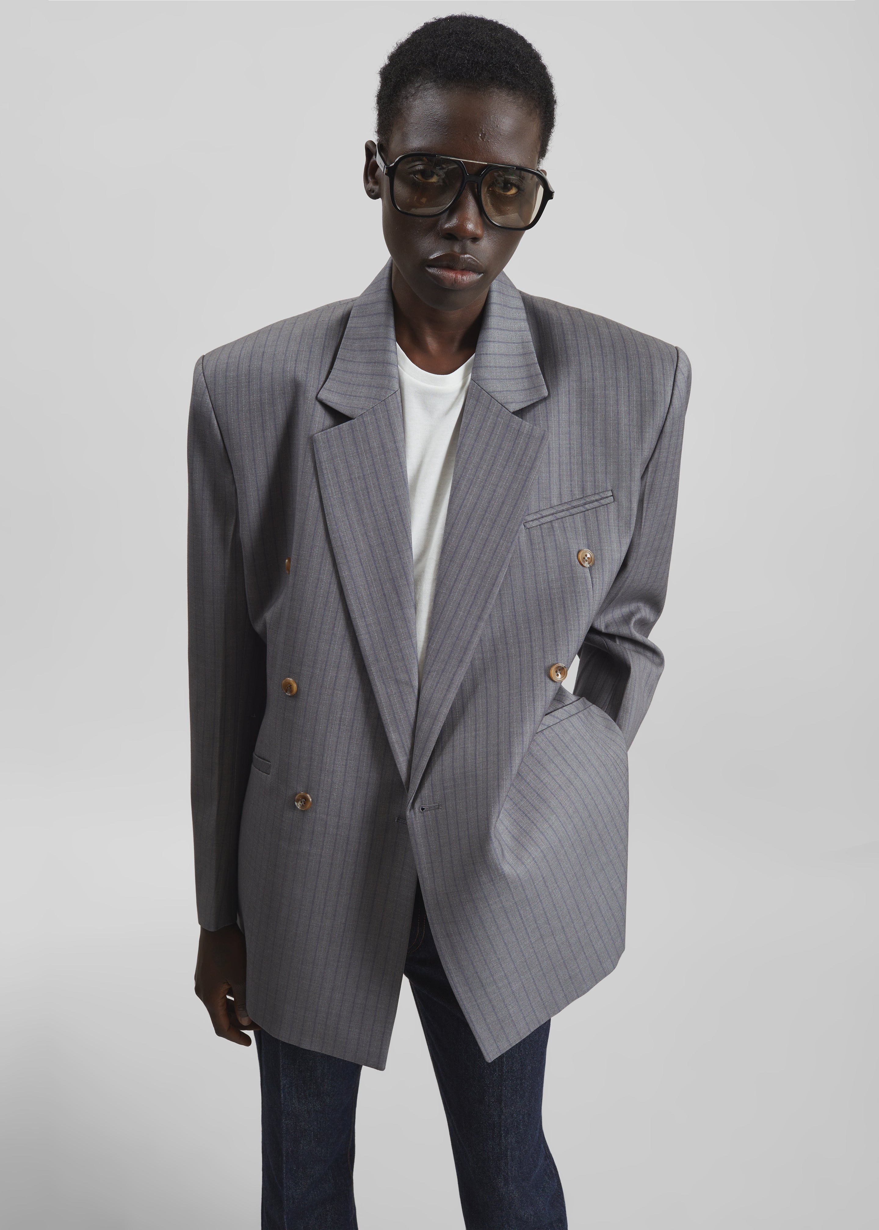 Helmond Double-Breasted Blazer - Grey Multi Stripe – The Frankie Shop