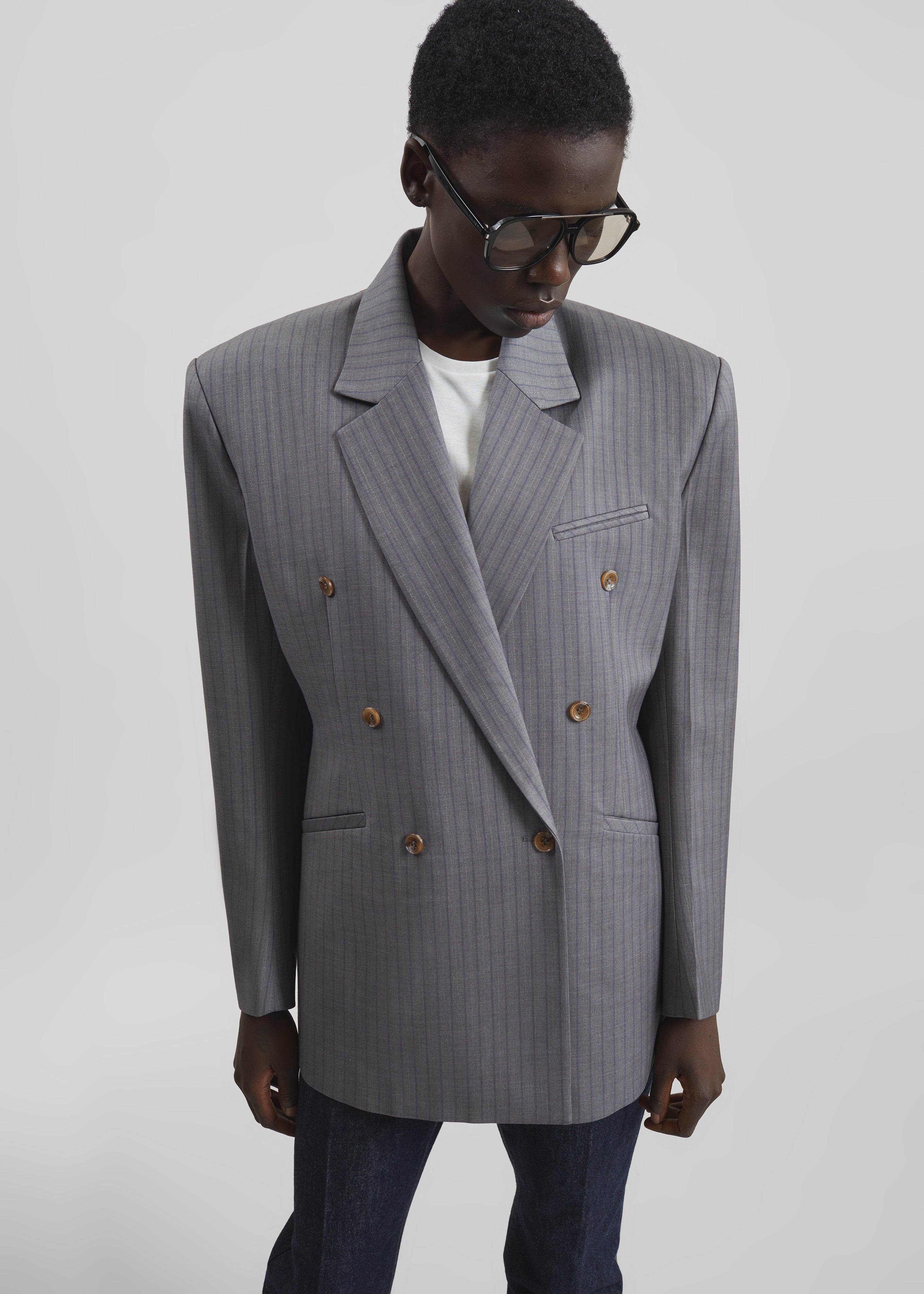Helmond Double-Breasted Blazer - Grey Multi Stripe – The Frankie Shop