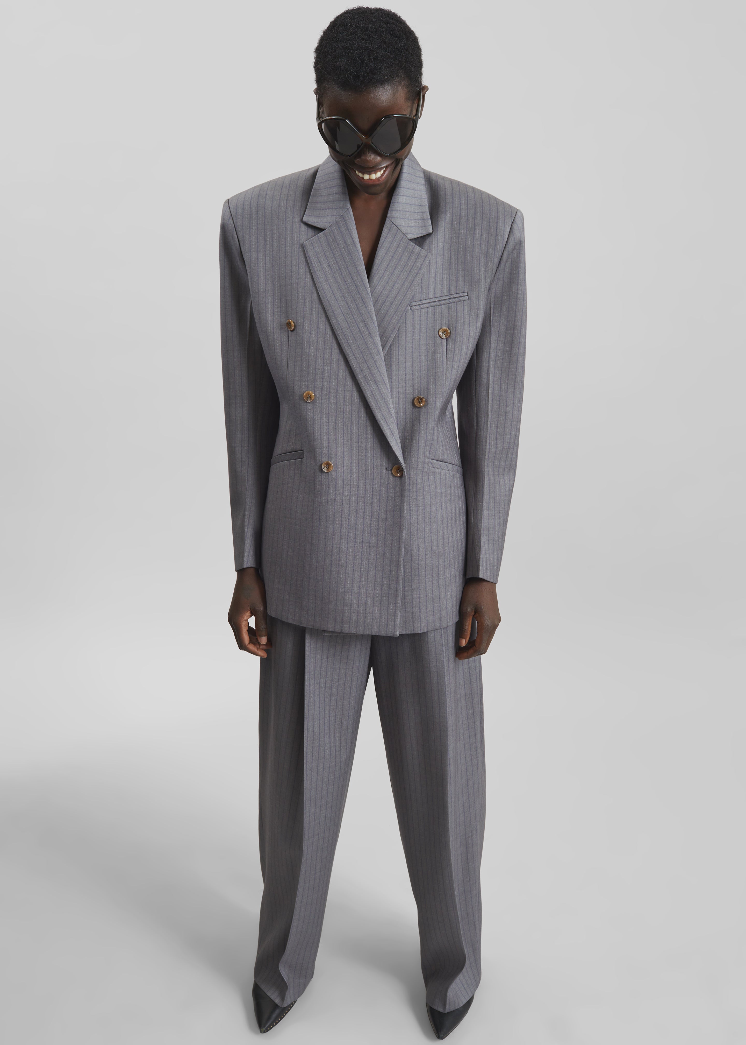 Helmond Double-Breasted Blazer - Grey Multi Stripe – The Frankie Shop