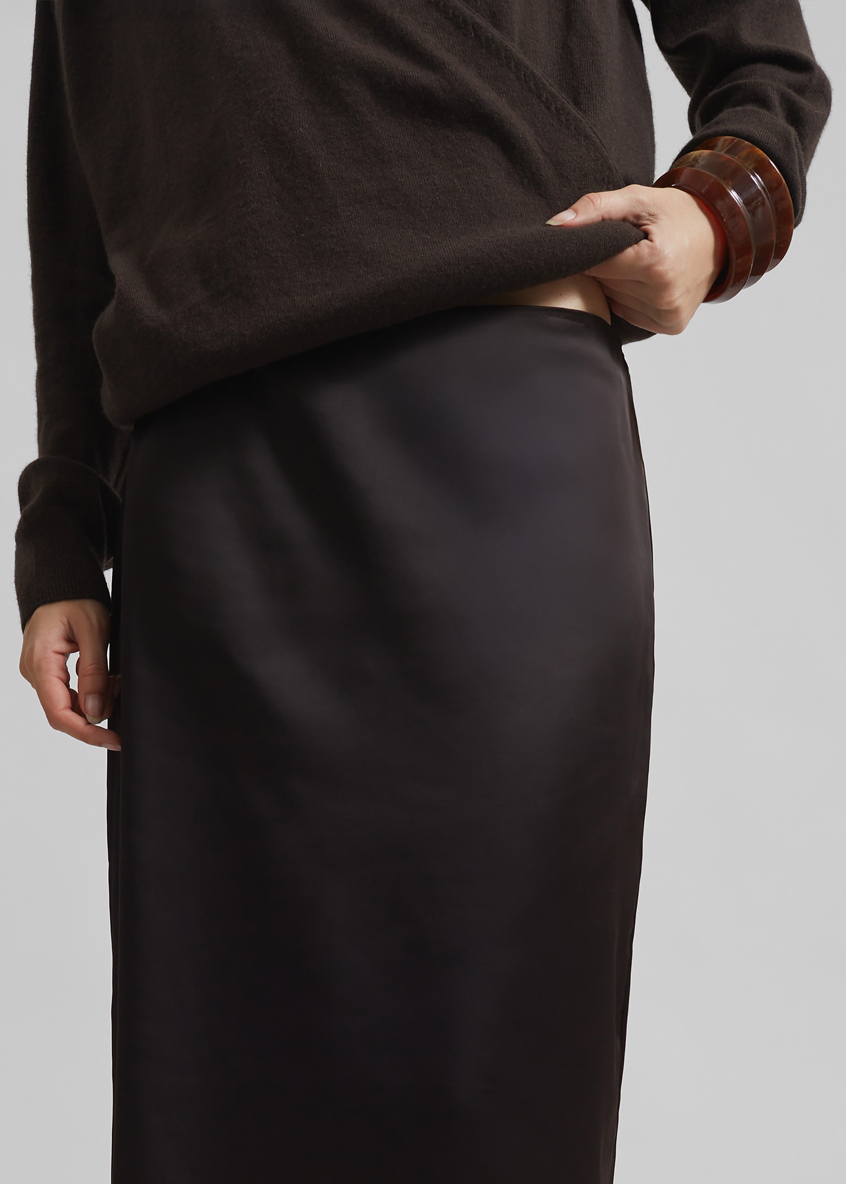 Hencil Satin Maxi Skirt - Brown - 3