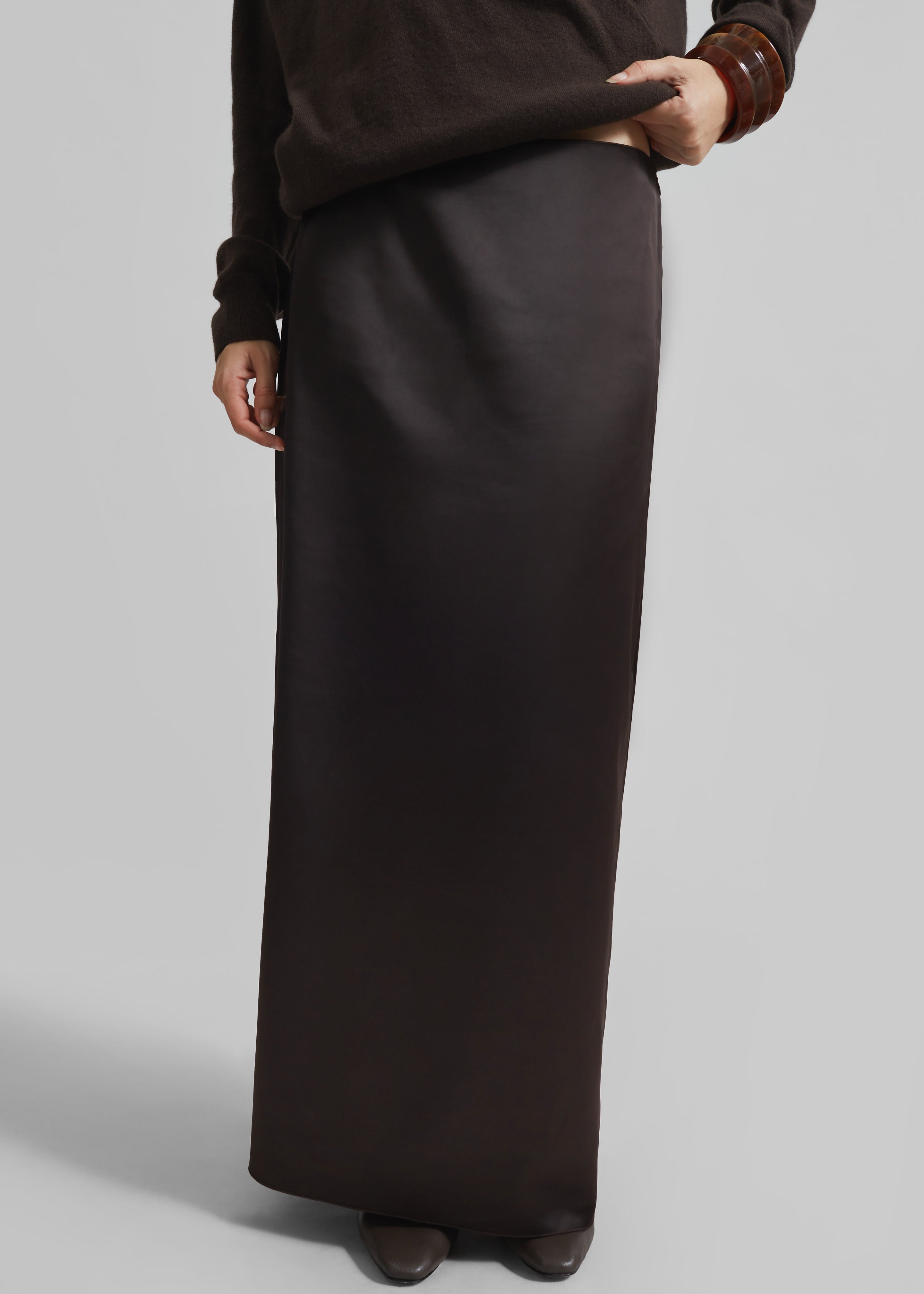 Hencil Satin Maxi Skirt - Brown - 1