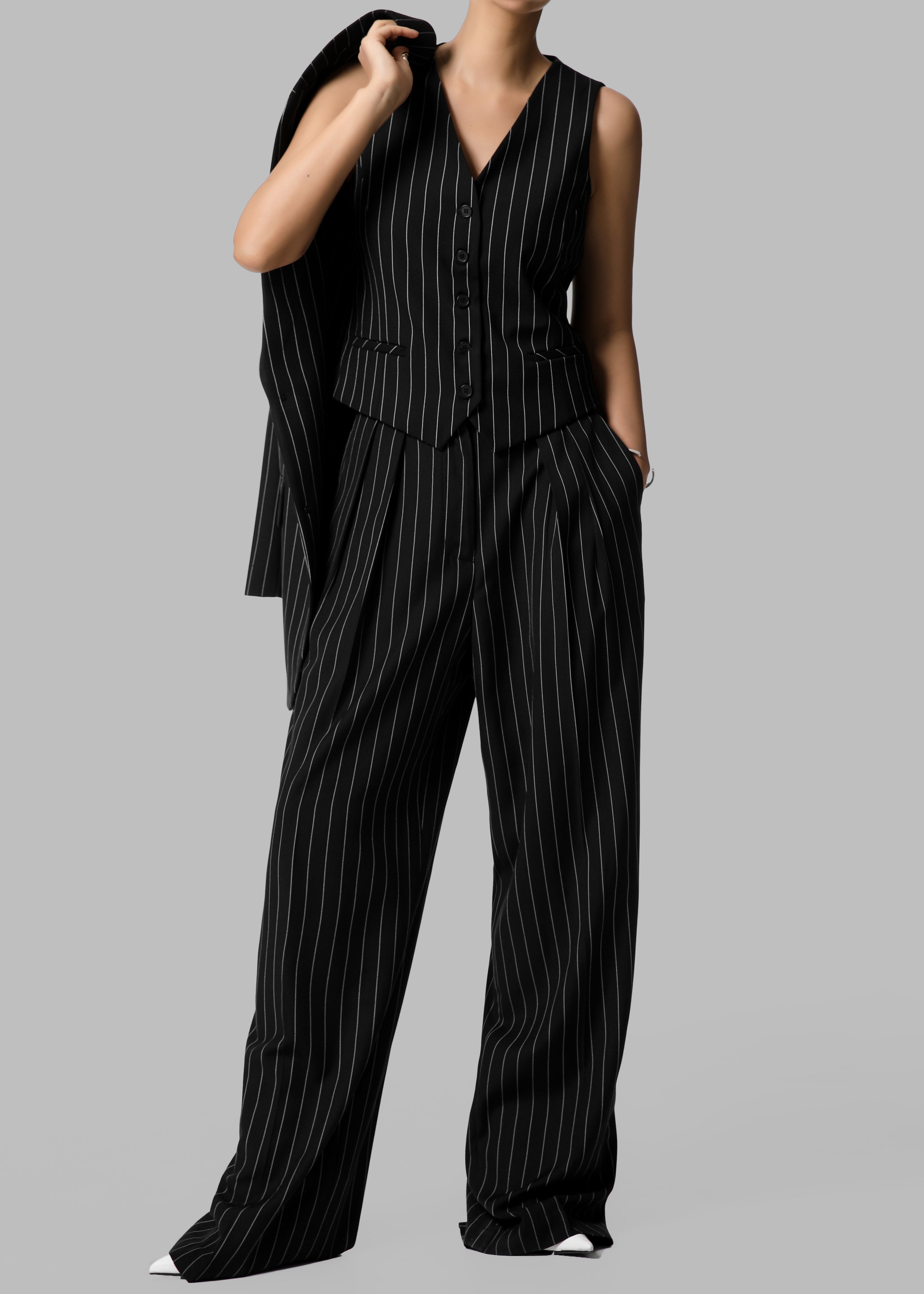 Holland Pleated Trousers - Black/White Pinstripe - 5