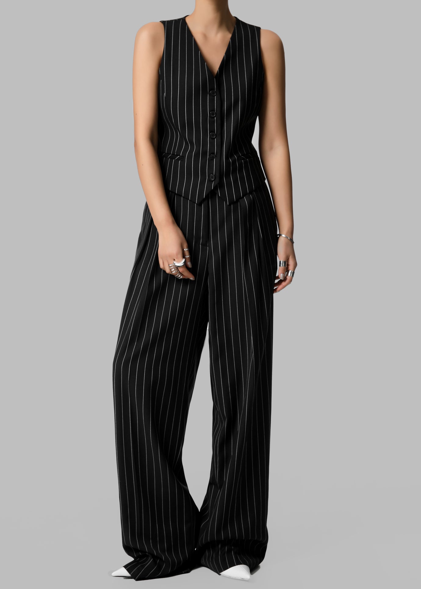 Holland Pleated Trousers - Black/White Pinstripe - 1