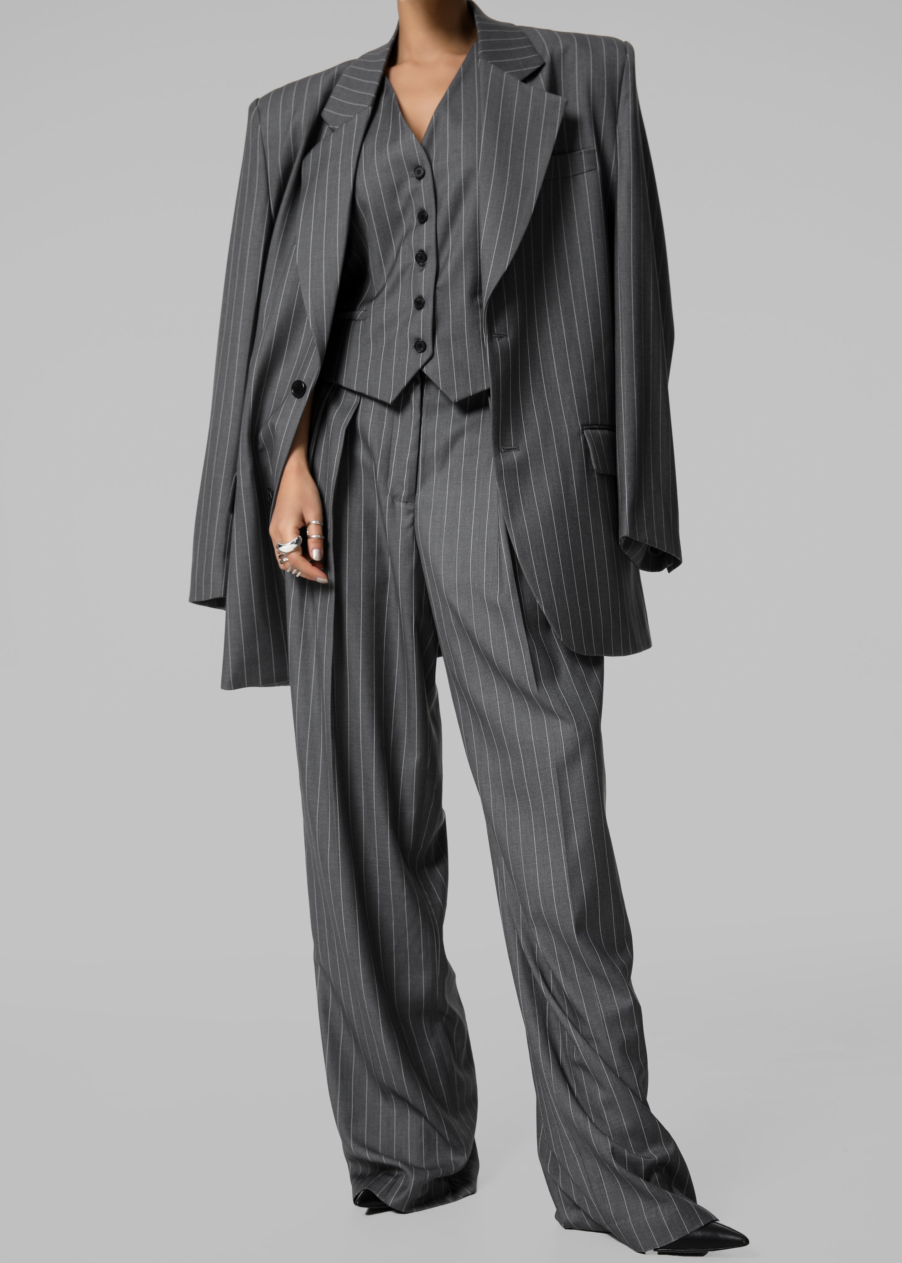 Holland Pleated Trousers - Charcoal/White Pinstripe