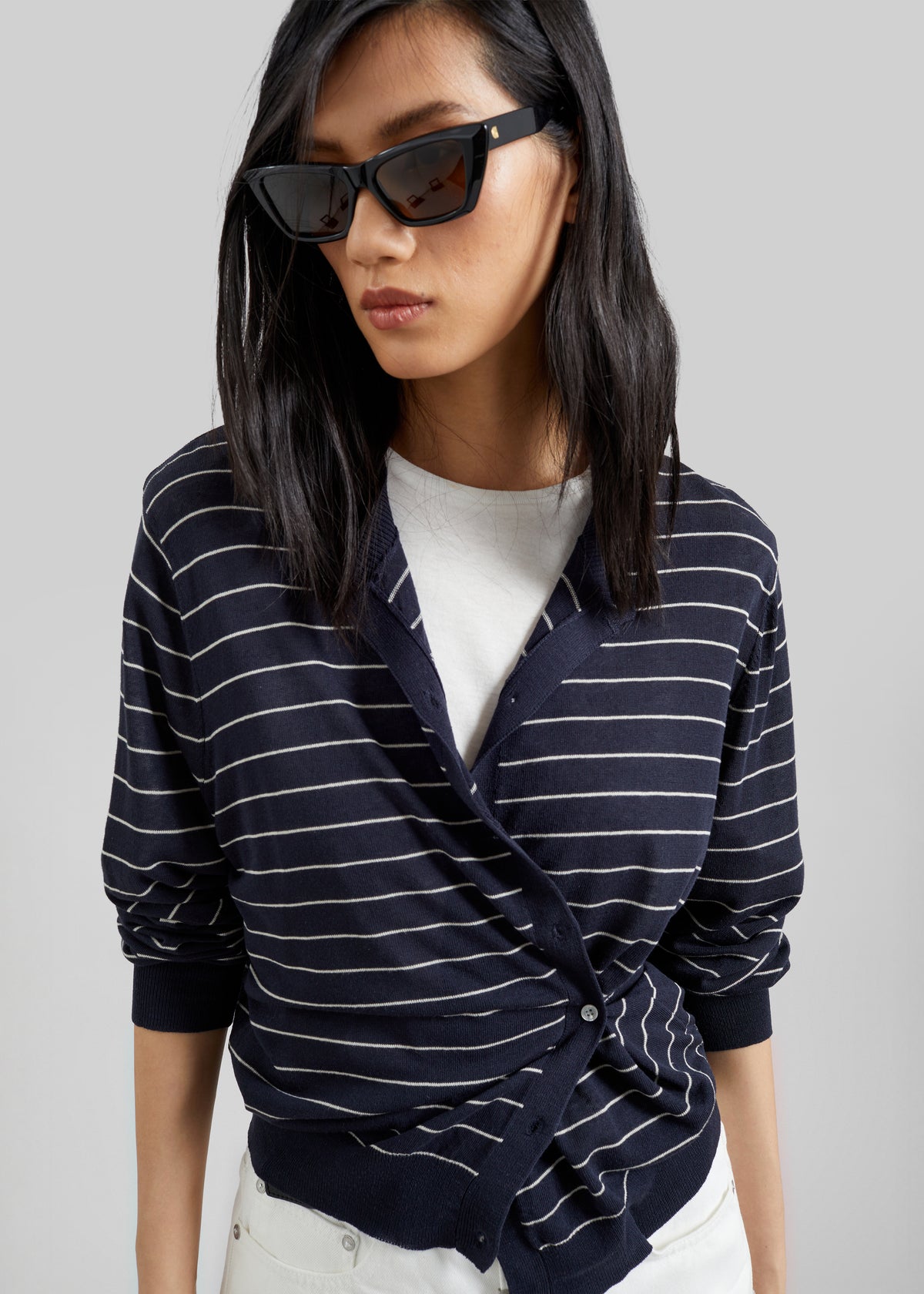 Hossegor Fine Knit Cardigan - Navy/White Stripe - 1