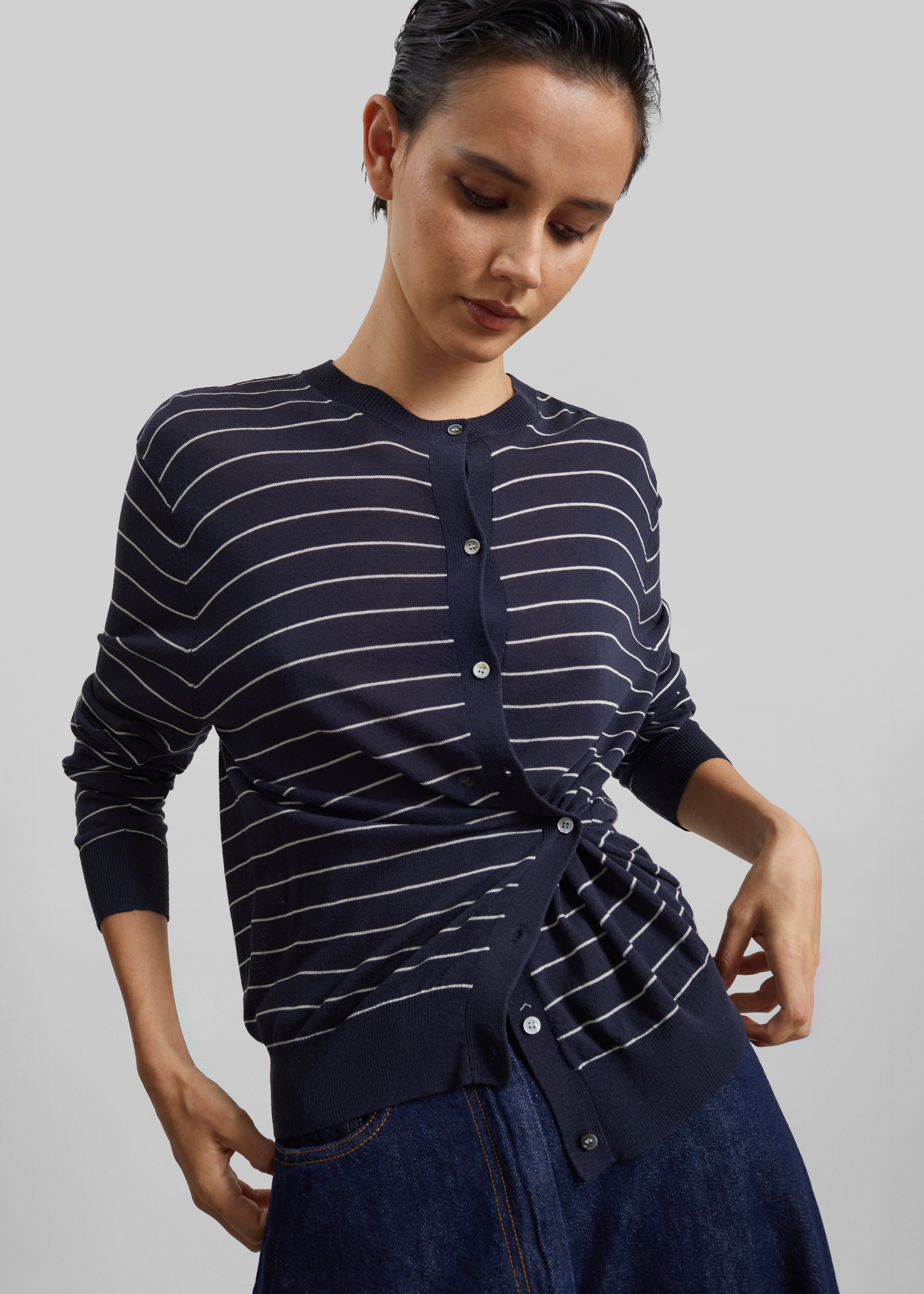 Hossegor Fine Knit Cardigan - Navy/White Stripe - 2