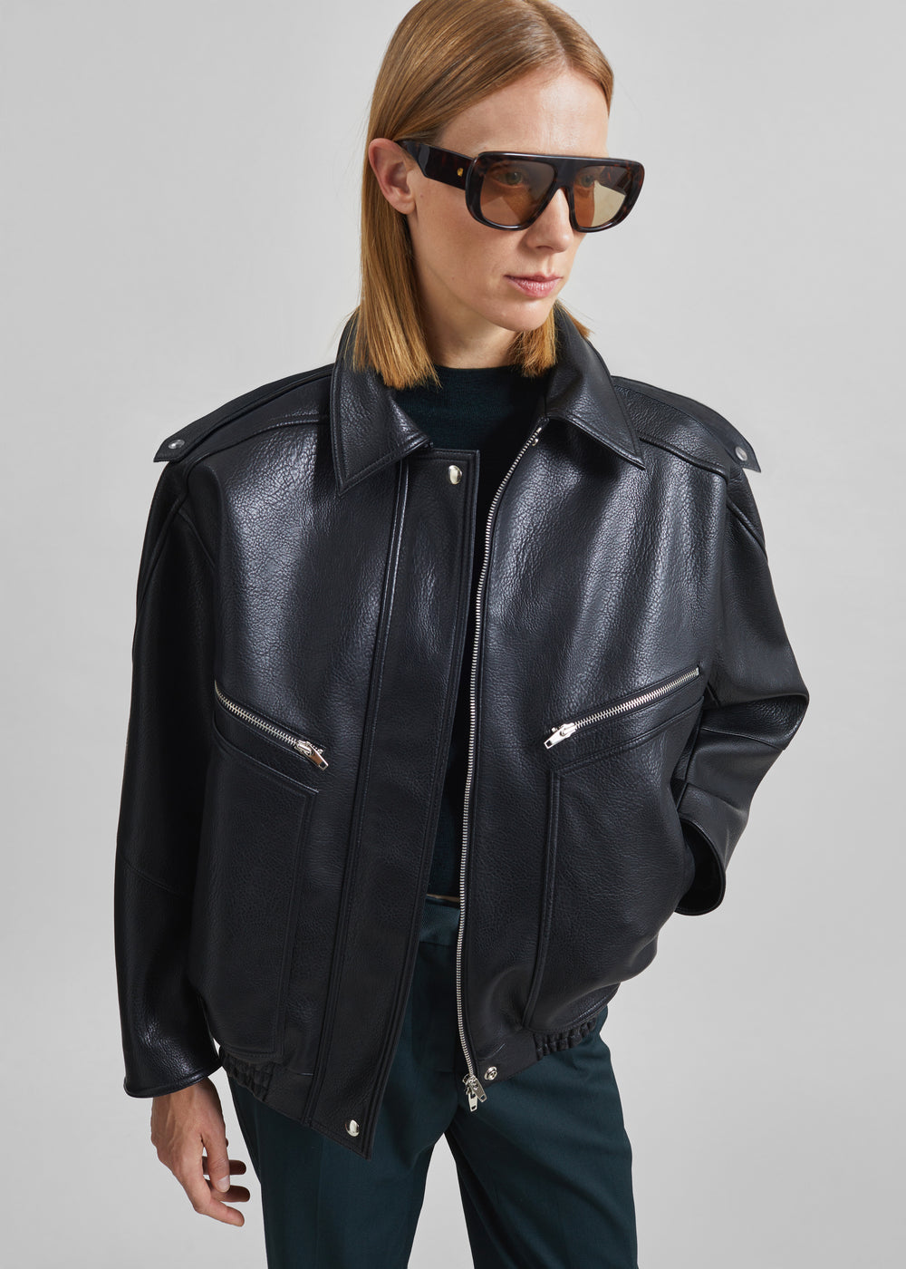 Hudson Faux Leather Bomber Jacket - Black