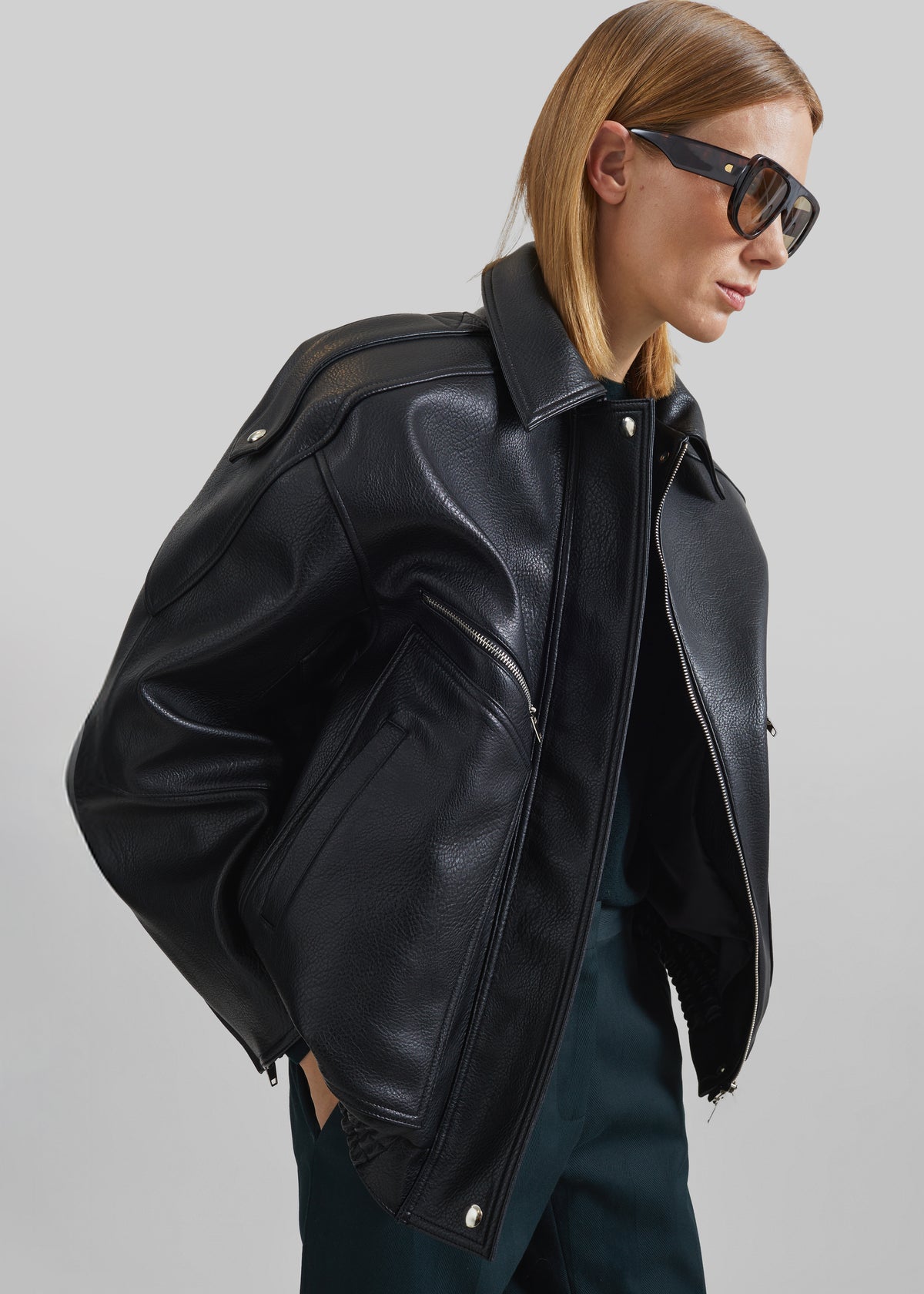 Hudson Faux Leather Bomber Jacket - Black - 3