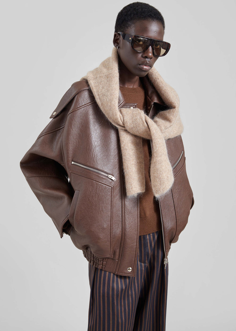 Hudson Faux Leather Bomber Jacket - Brown - 1