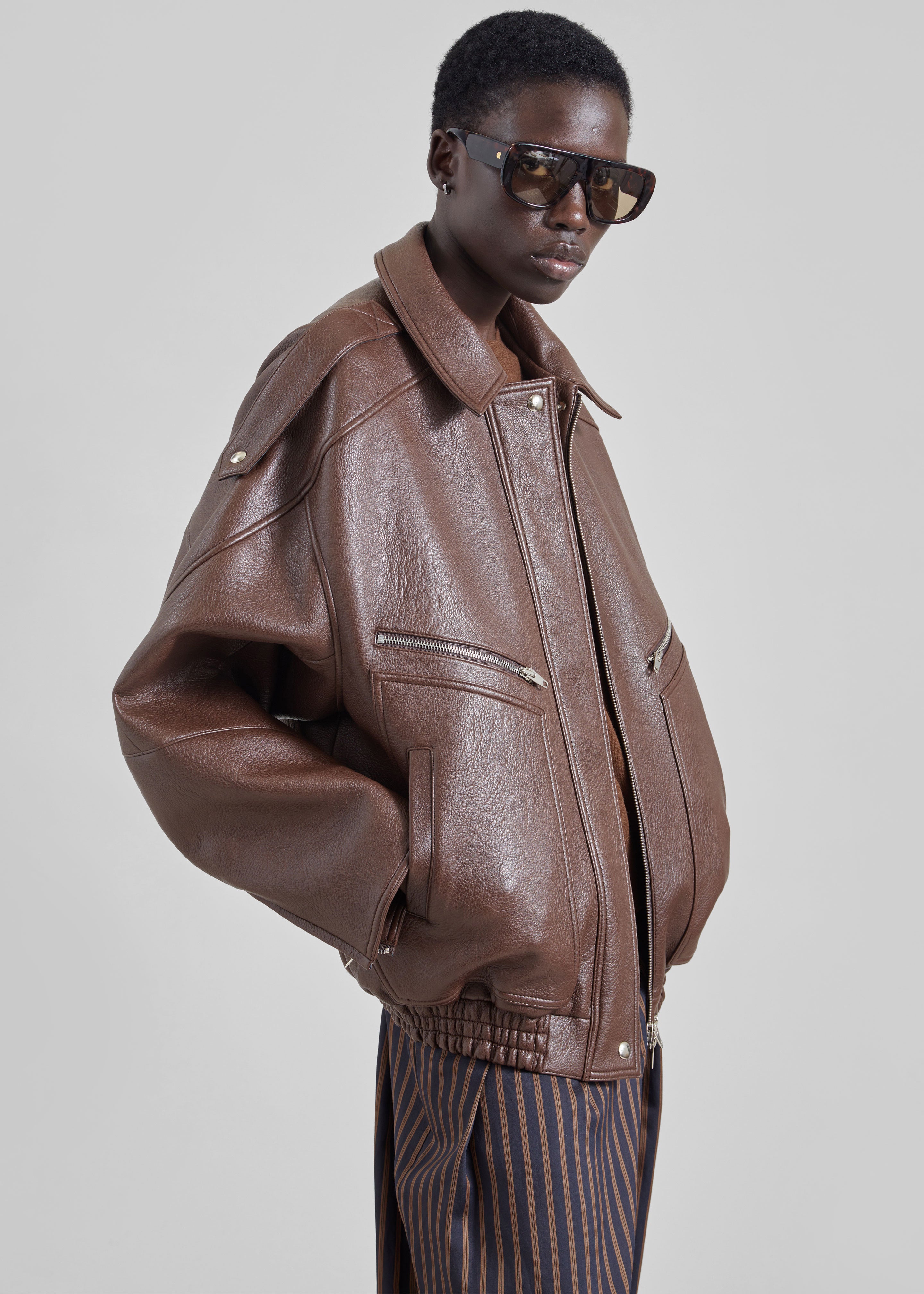 Hudson Faux Leather Bomber Jacket - Brown - 5