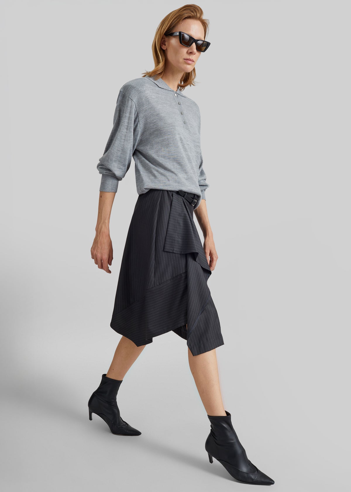 Iena Asymmetric Skirt - Charcoal Pinstripe - 3
