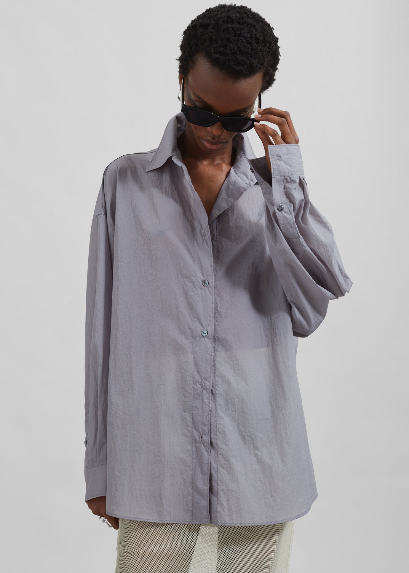 Ira Semi Sheer Button Up Shirt - Grey - 1