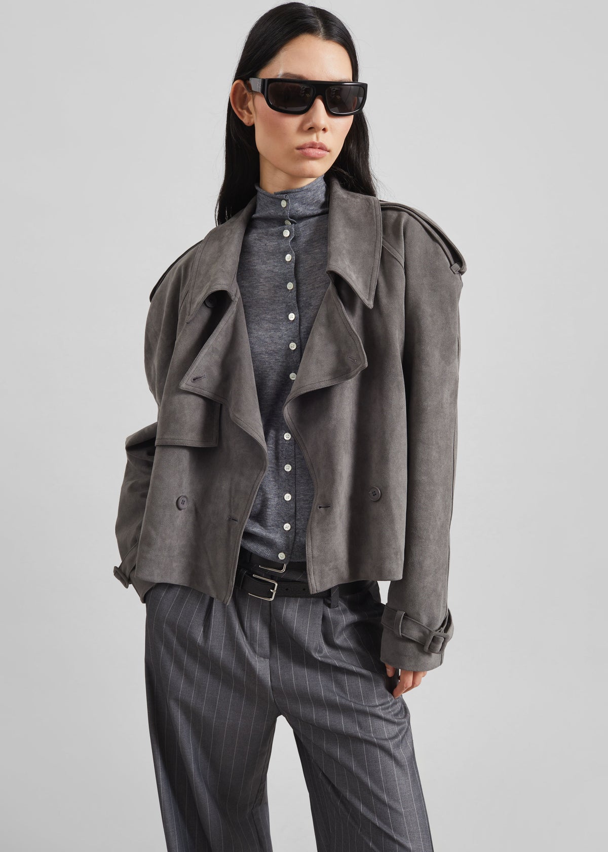 Islington Faux Suede Cropped Trench - Grey - 7