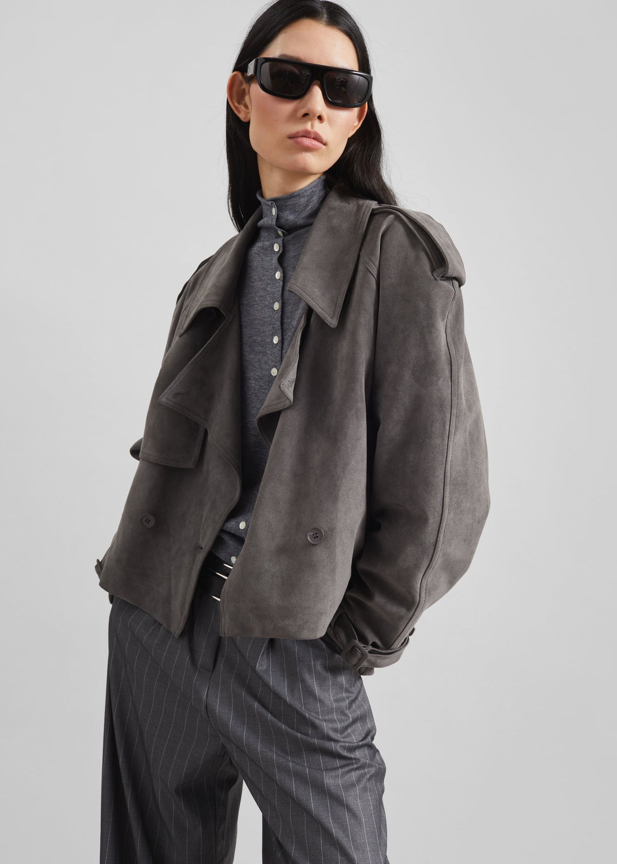 Islington Faux Suede Cropped Trench - Grey - 3