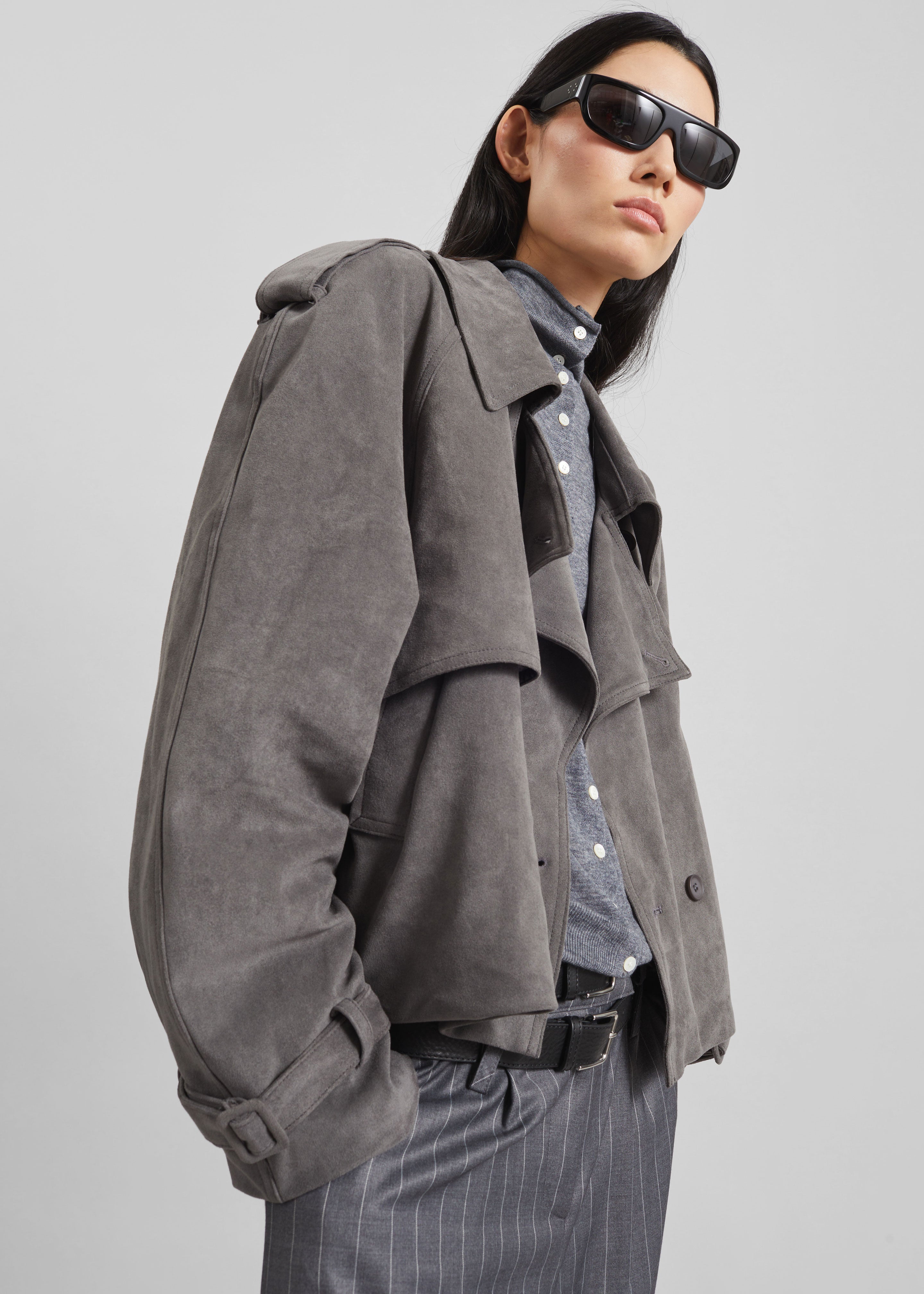 Islington Faux Suede Cropped Trench - Grey - 4