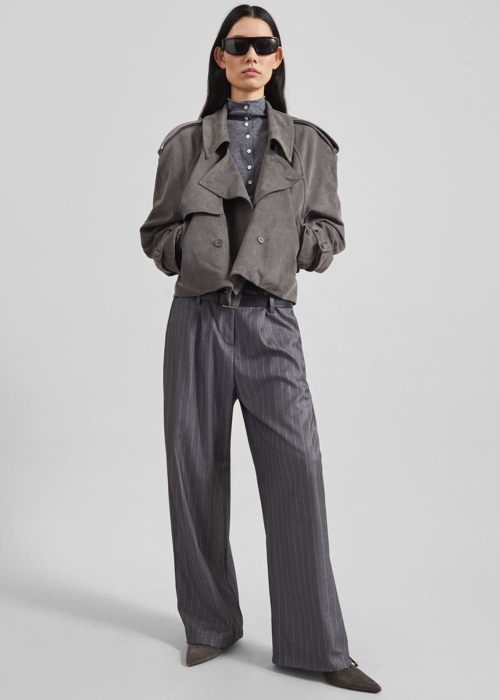 Islington Faux Suede Cropped Trench - Grey - 1