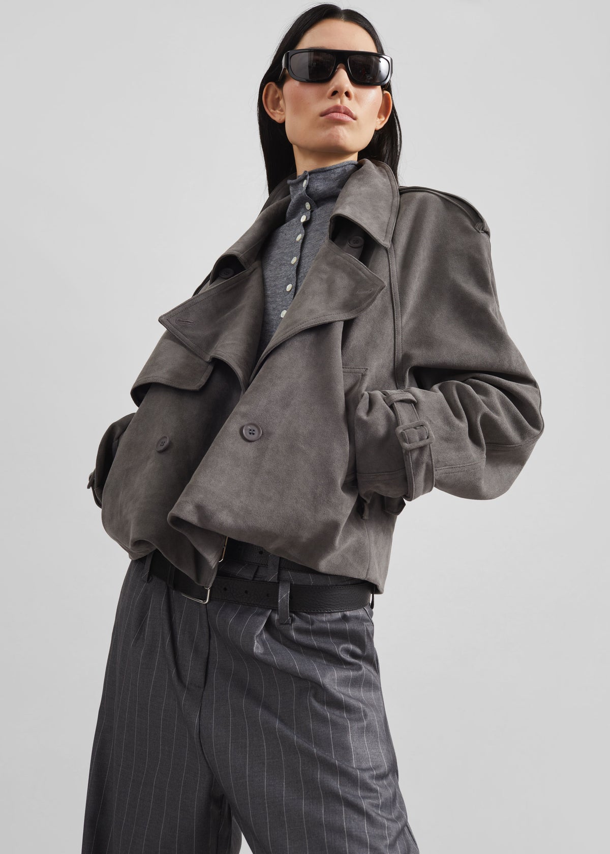 Islington Faux Suede Cropped Trench - Grey - 6