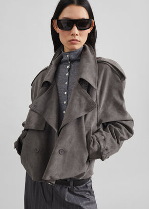 Islington Faux Suede Cropped Trench - Grey