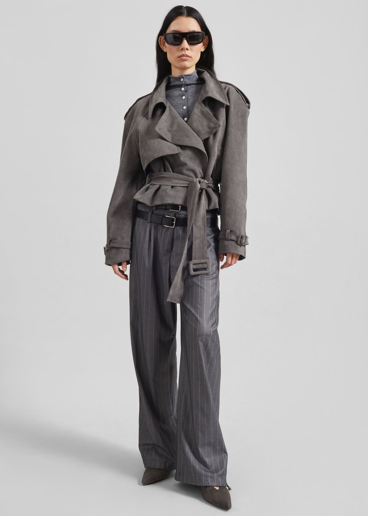 Islington Faux Suede Cropped Trench - Grey - 9