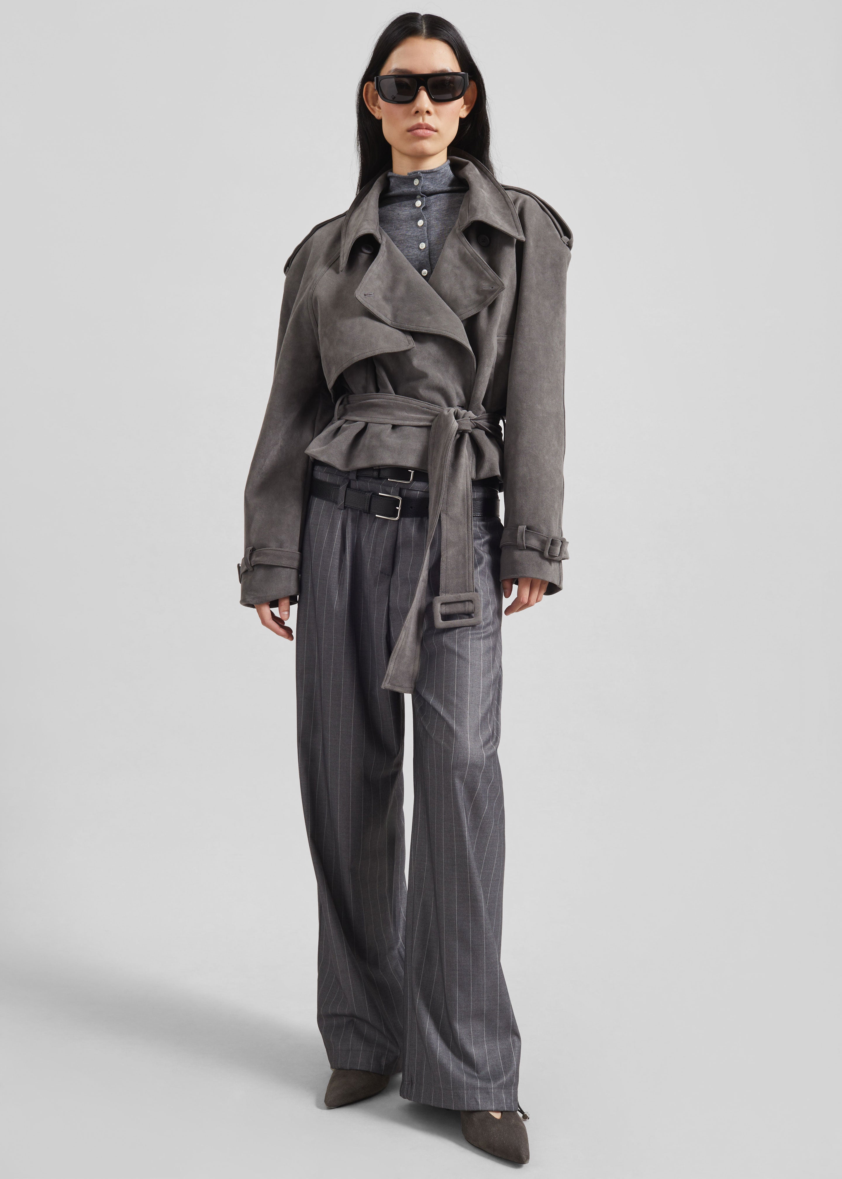 Islington Faux Suede Cropped Trench - Grey - 9