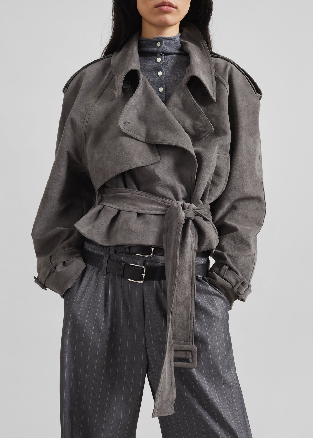 Islington Faux Suede Cropped Trench - Grey - 8