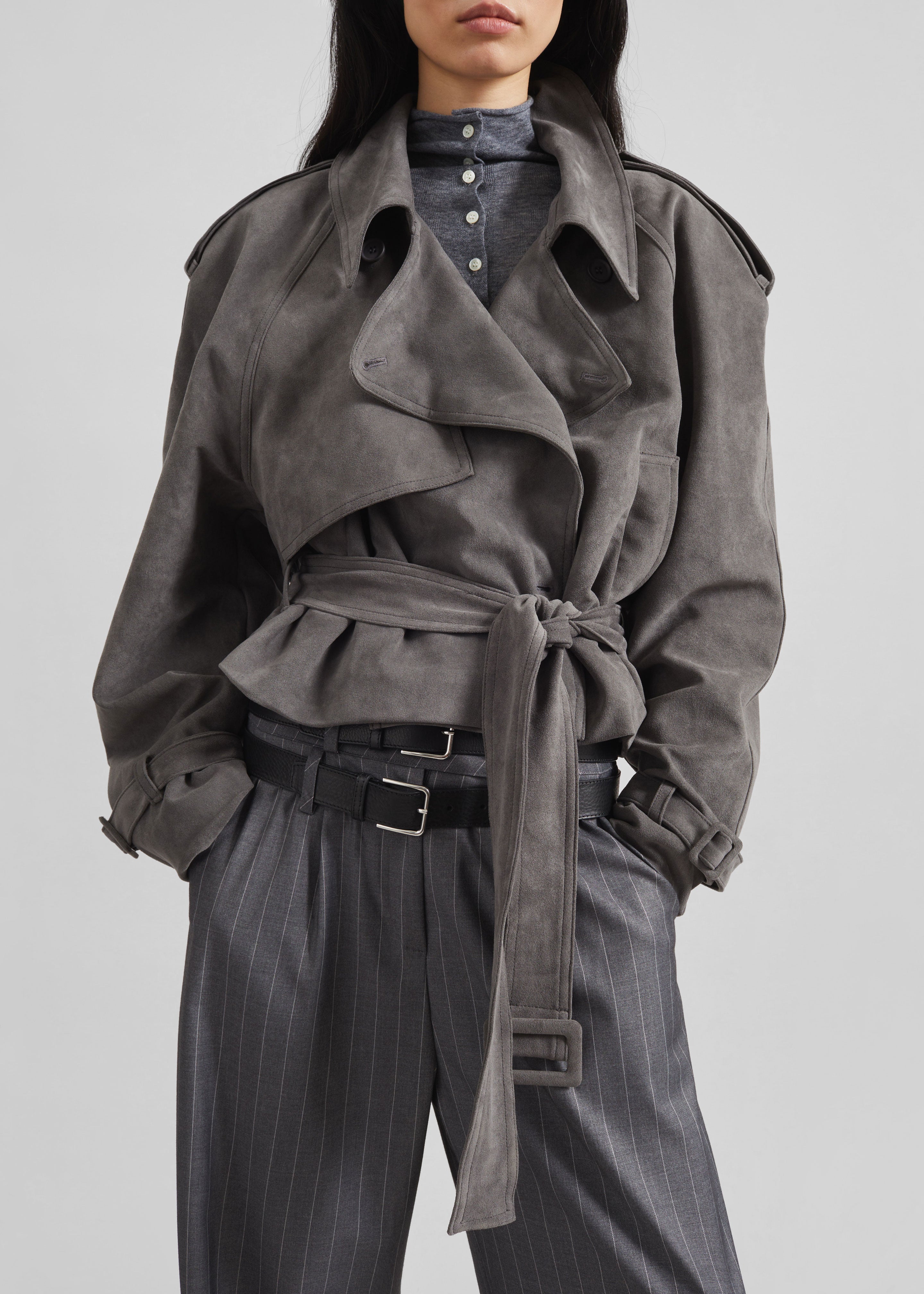 Islington Faux Suede Cropped Trench - Grey - 8