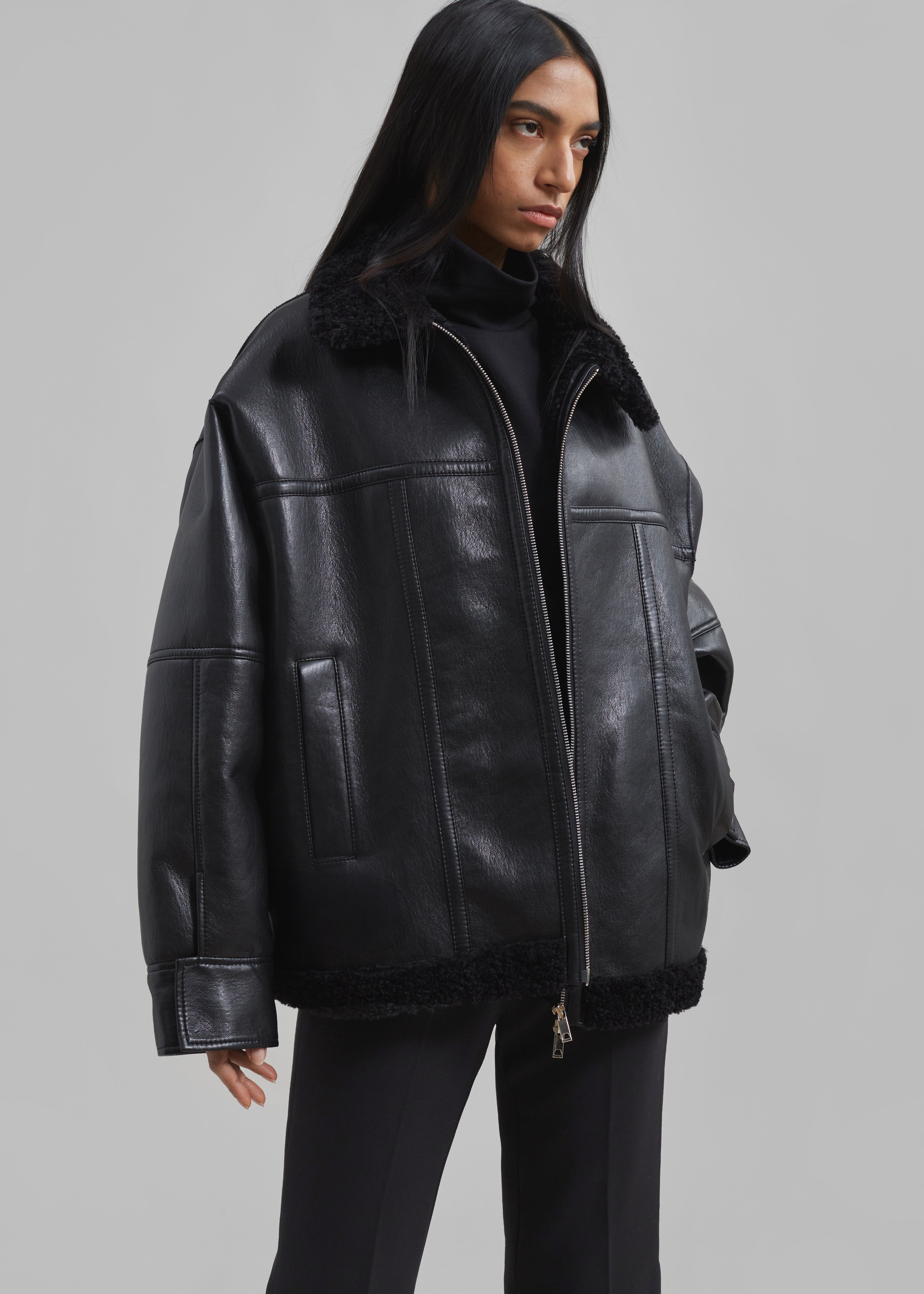 Ivanka Faux Leather Shearling Jacket - Black - 6