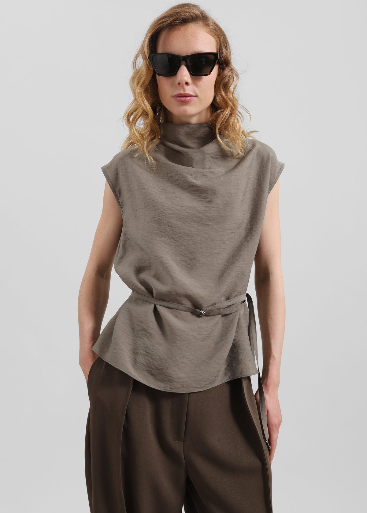 Ivara Fluid Belted Top - Dark Taupe - 1
