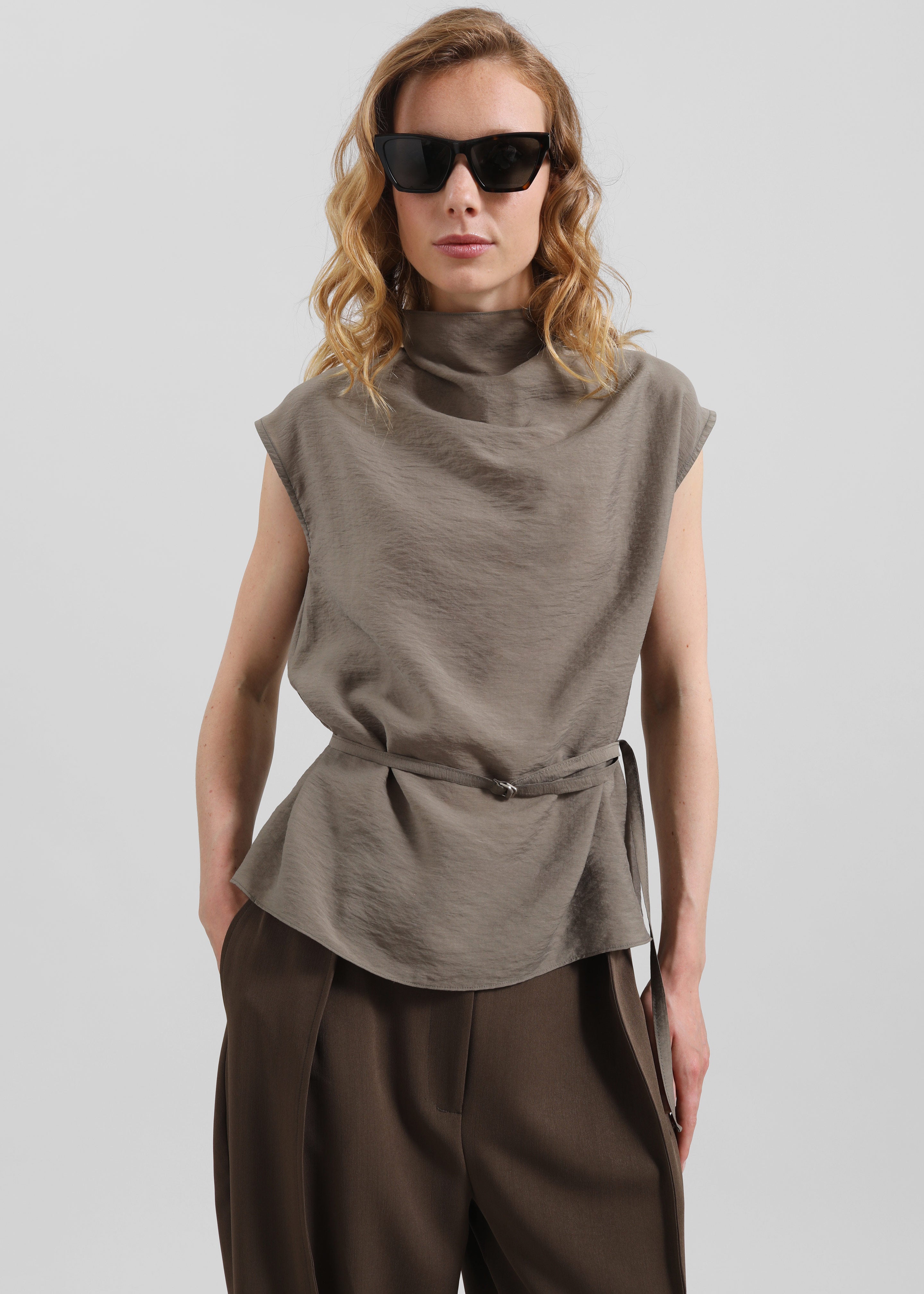 Ivara Fluid Belted Top - Dark Taupe - 1