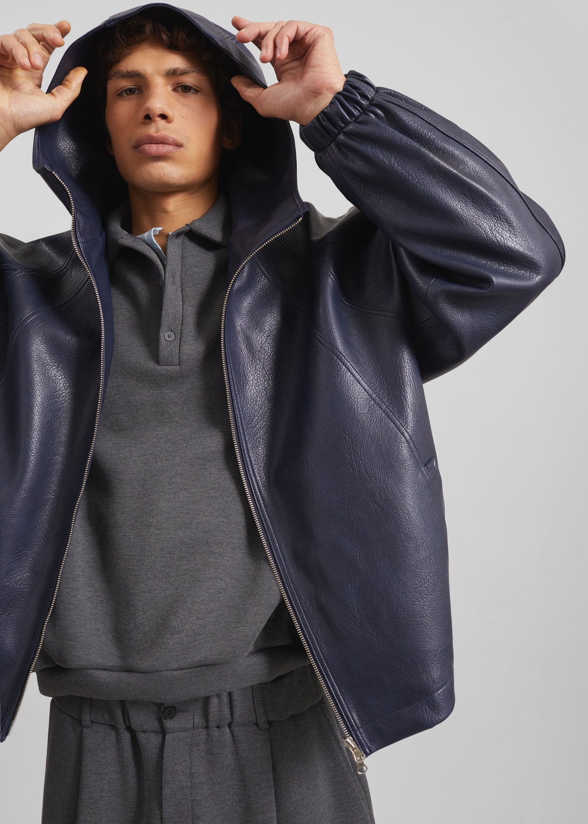 Iver Faux Leather Hooded Jacket - Navy - 2