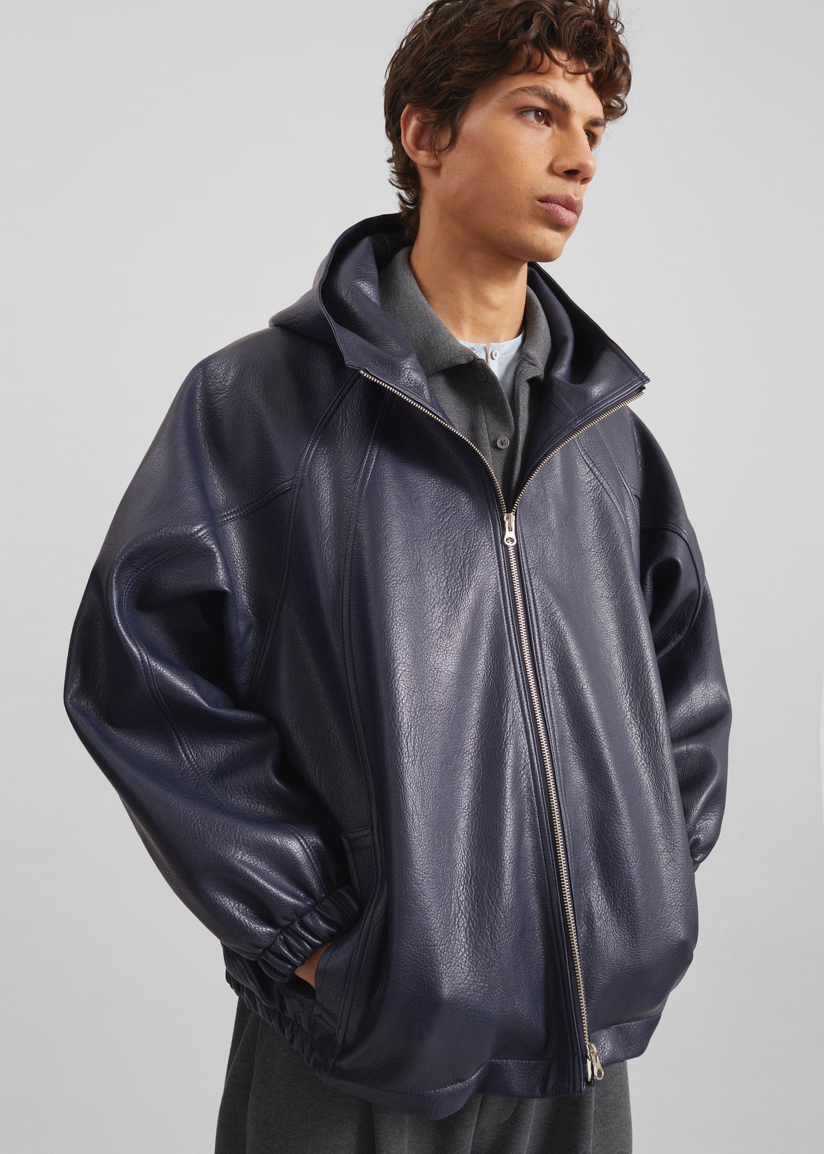 Iver Faux Leather Hooded Jacket - Navy - 5