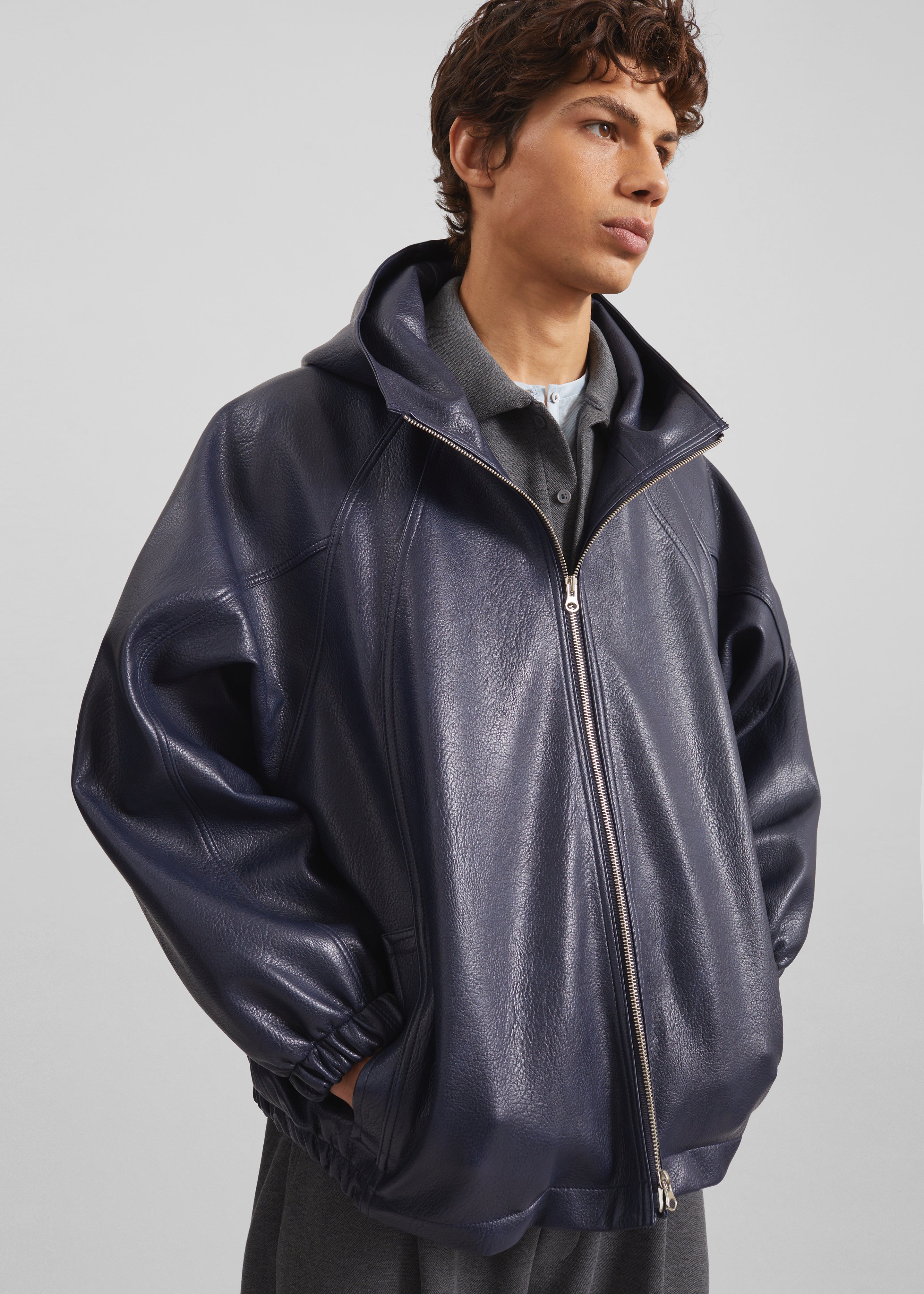 Iver Faux Leather Hooded Jacket - Navy - 5