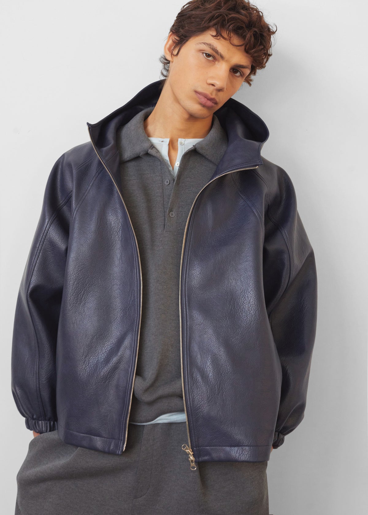 Iver Faux Leather Hooded Jacket - Navy - 3