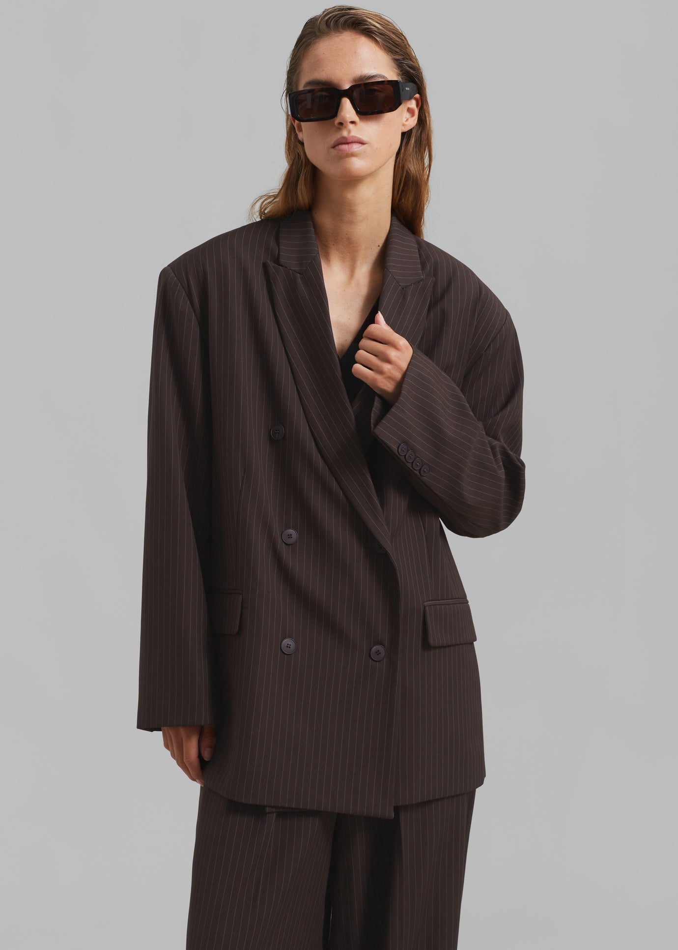 Ivey Double Breasted Blazer - Brown/White Pinstripe