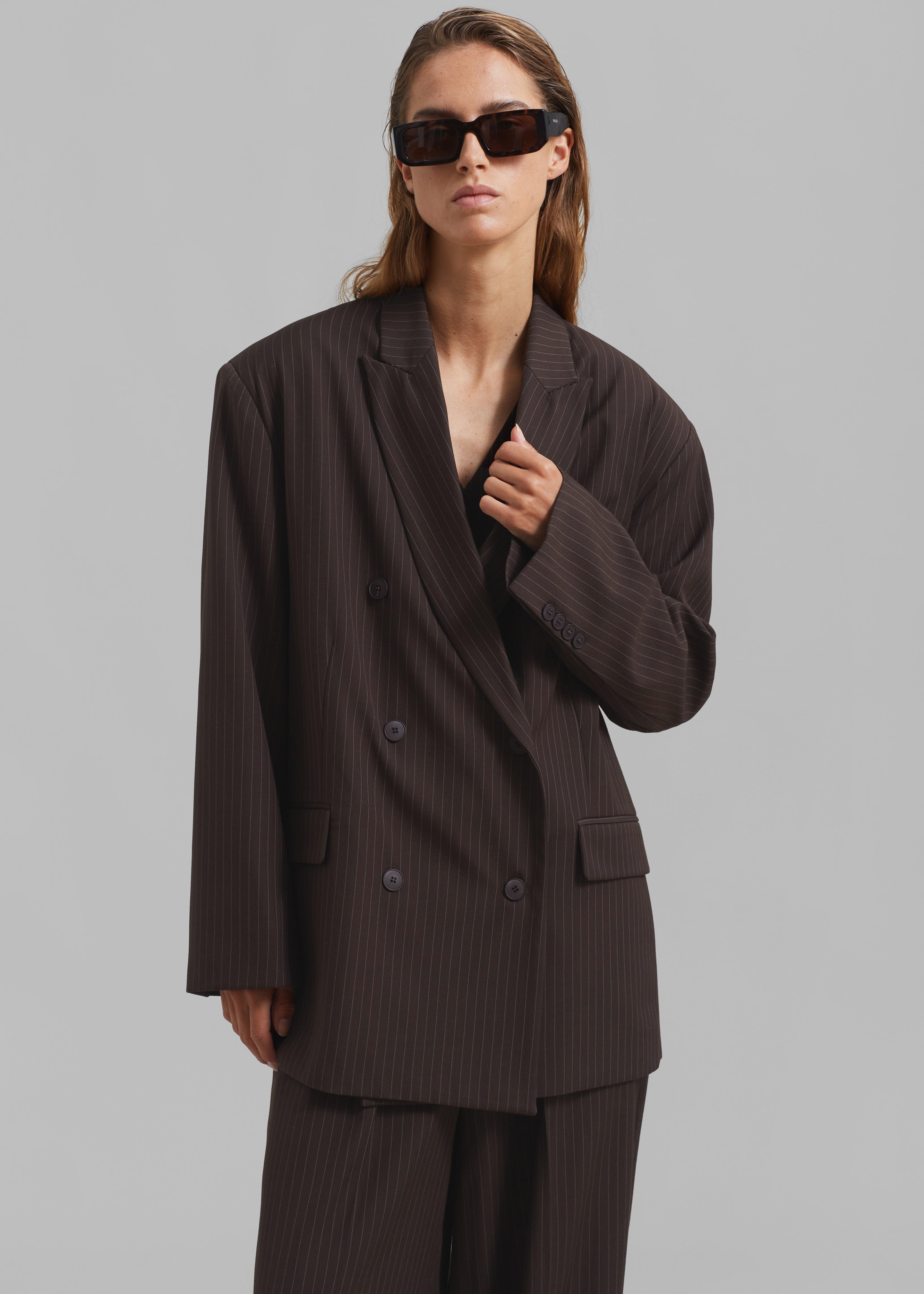 Ivey Double Breasted Blazer - Brown/White Pinstripe - 1