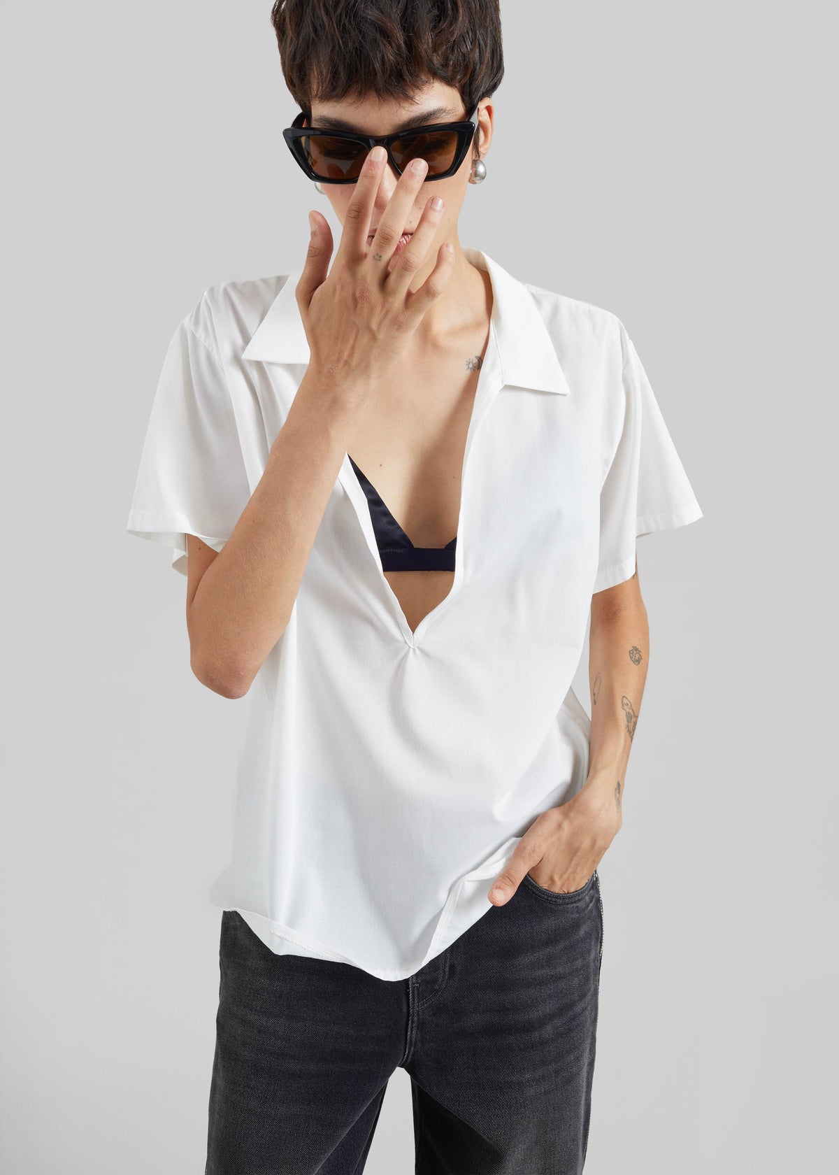 Izella Deep V Neck Shirt - White - 1